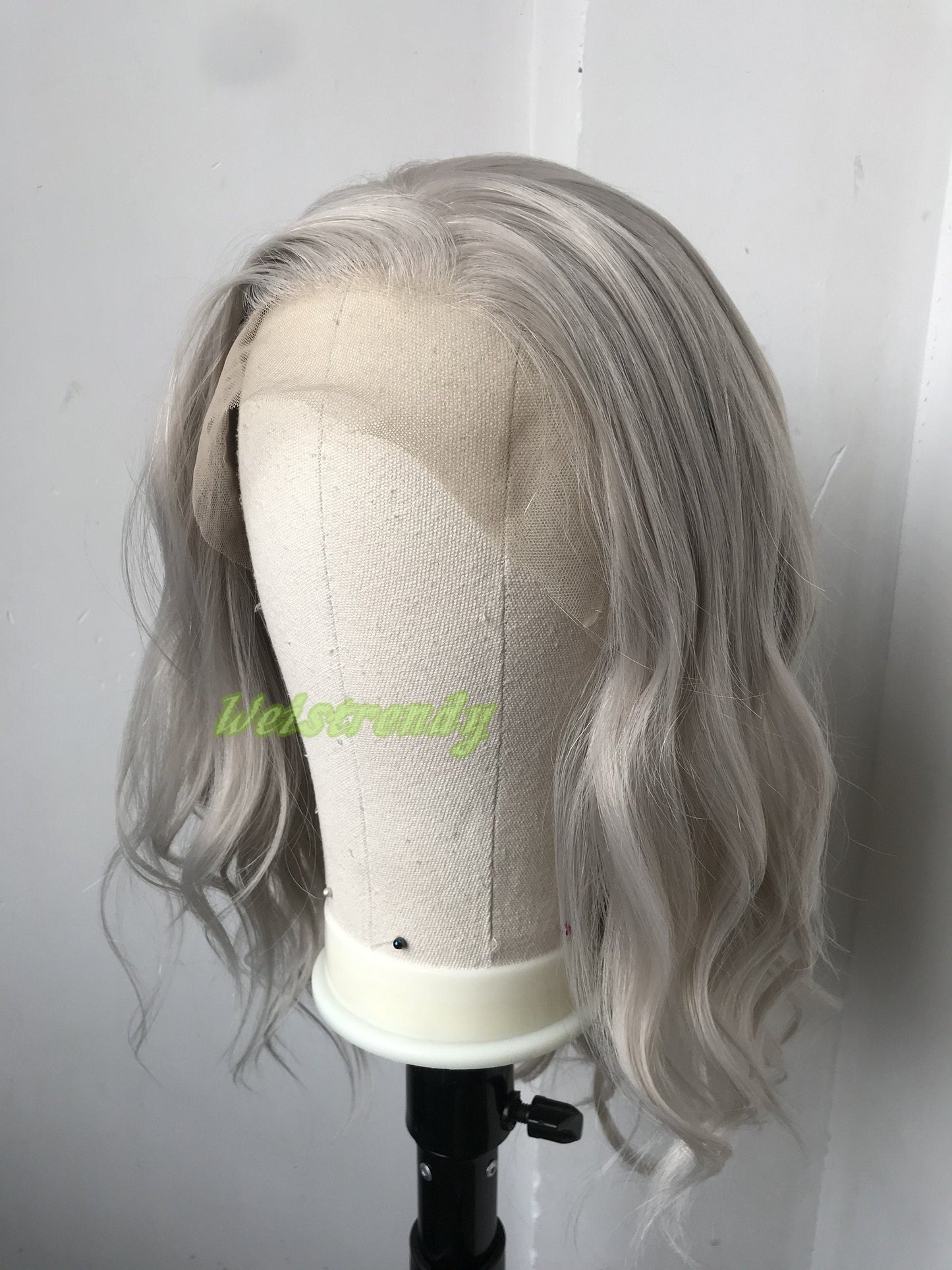 Pale Grey | Ash Blonde 16in Medium Length Wavy Hair Synthetic Swiss Lace Frontal Wig Heat Safe