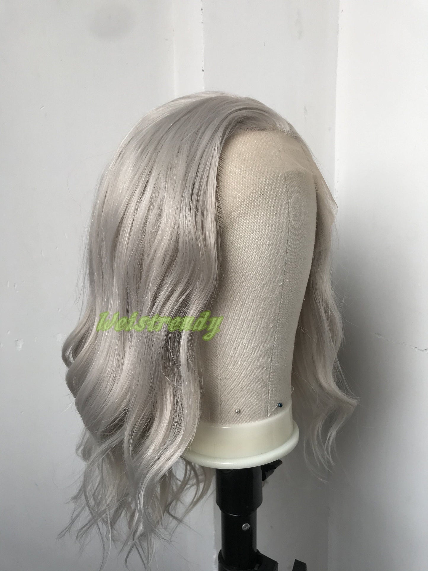 Pale Grey | Ash Blonde 16in Medium Length Wavy Hair Synthetic Swiss Lace Frontal Wig Heat Safe