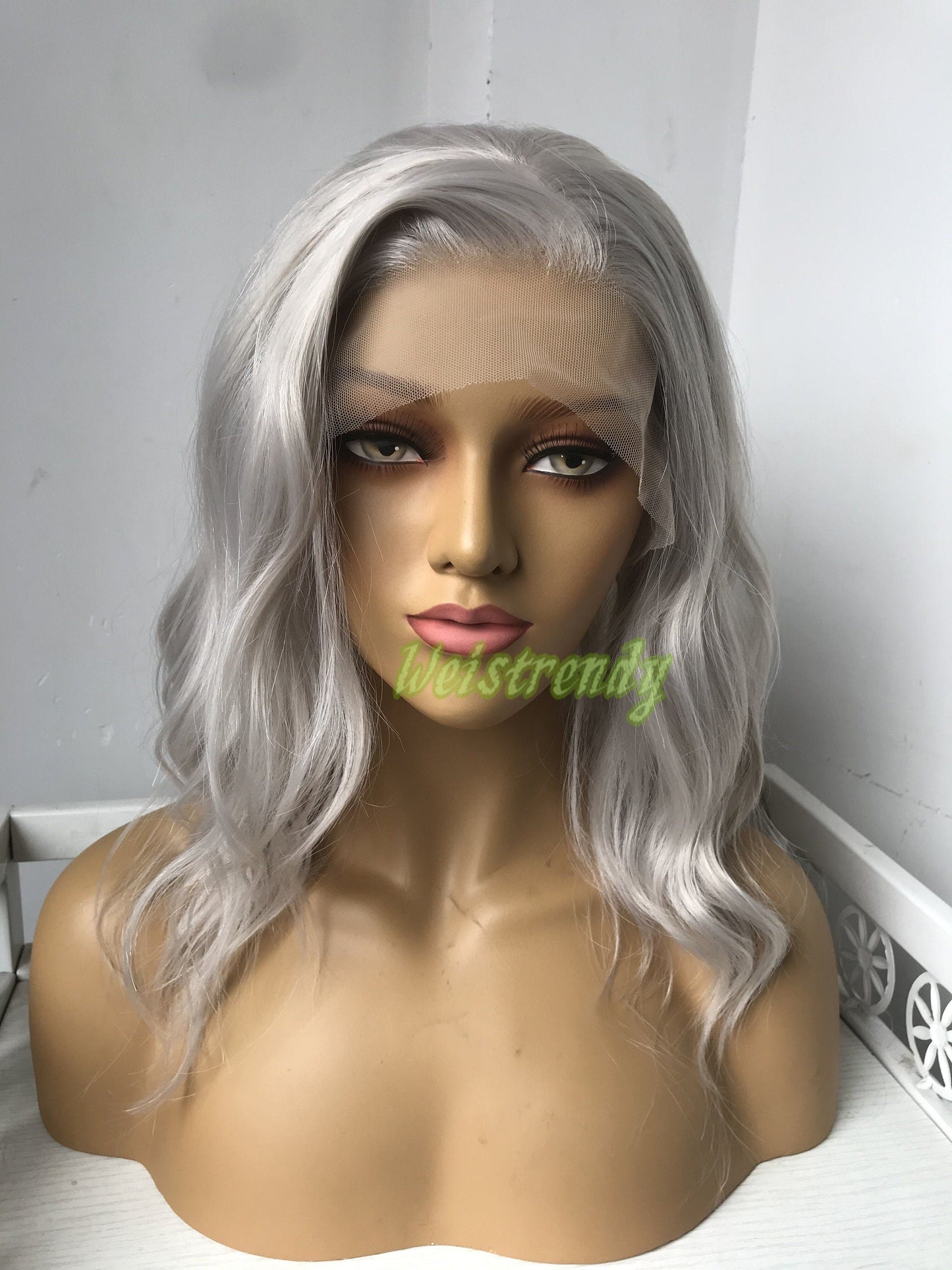 Pale Grey | Ash Blonde 16in Medium Length Wavy Hair Synthetic Swiss Lace Frontal Wig Heat Safe