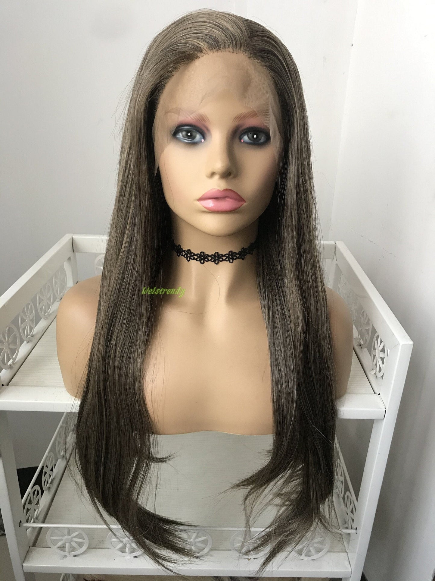Dark Brunette Blend Long Straight Hair Premium Synthetic Lace Frontal Wig Heat Friendly