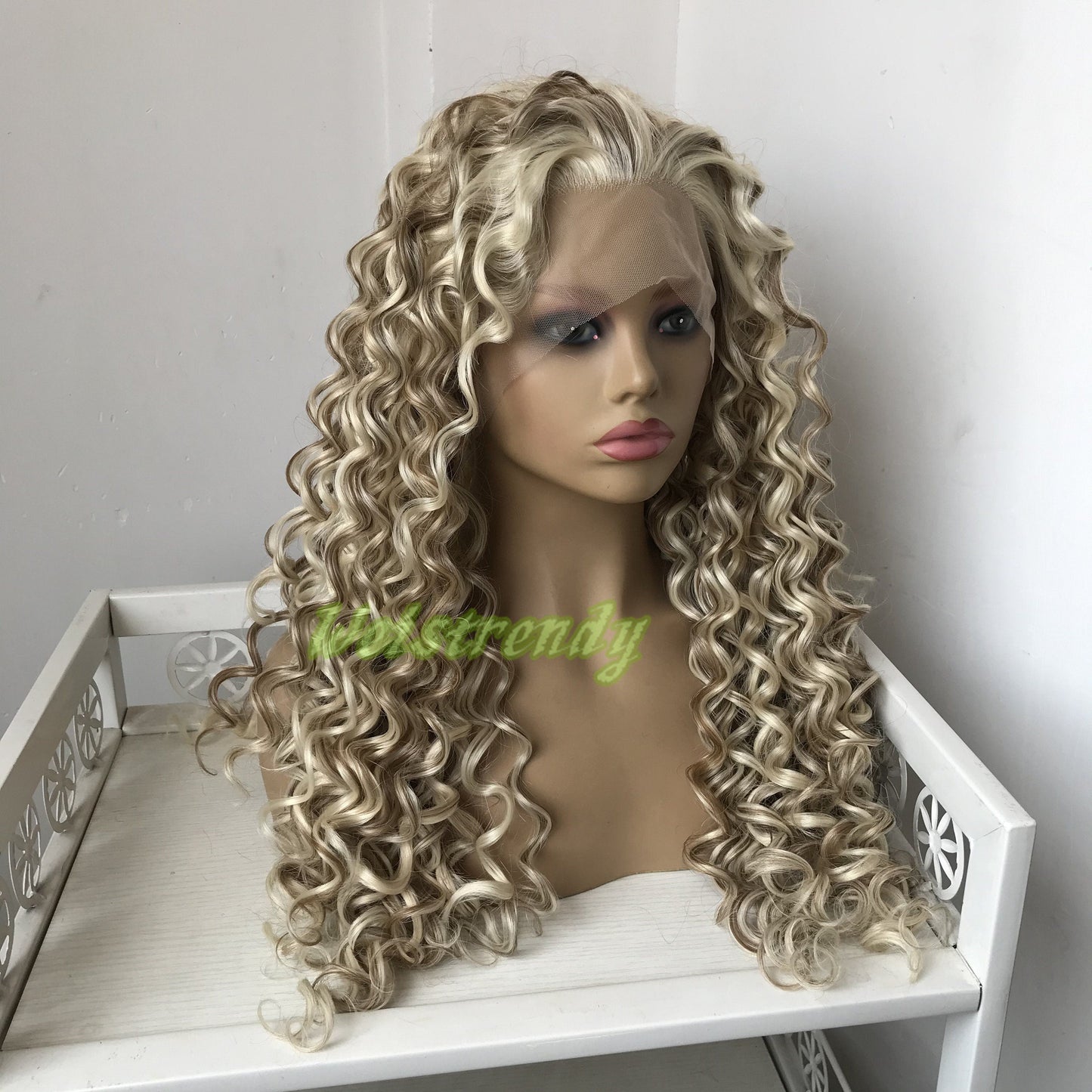 Mixed Blonde Brown Long Ring Curls Wigs Premium Synthetic Fibre Heat Safe Glueless Lace Frontal Wig