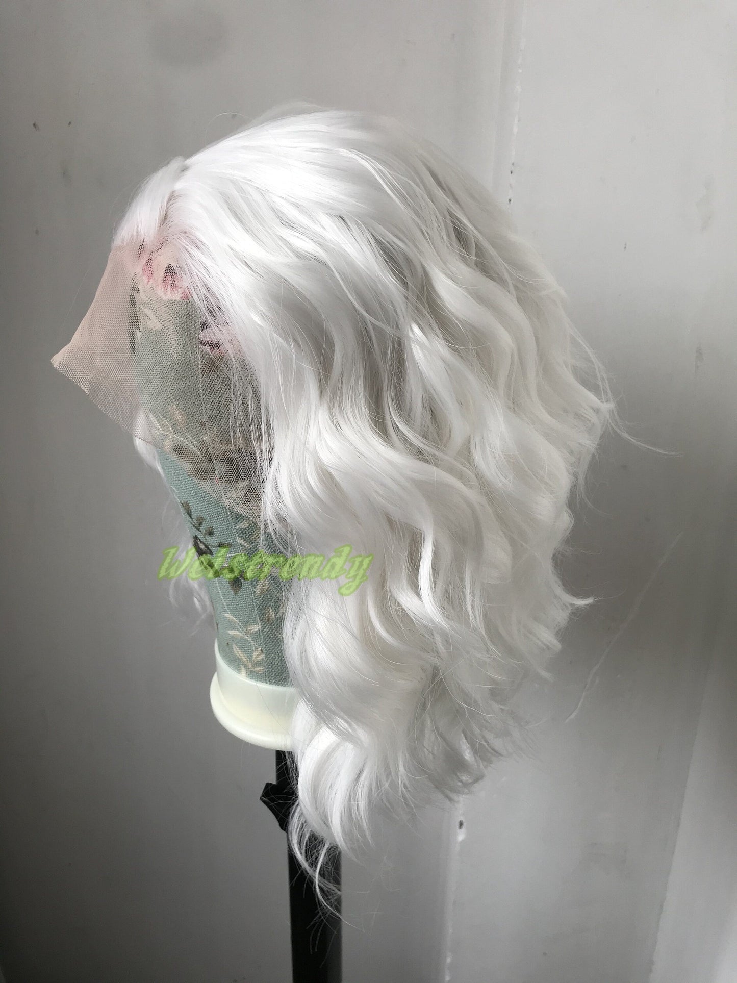 Pure White Wigs Beachy Wavy Short Bob Premium Synthetic Swiss Lace Front Wig Free Partting Heat Safe, Open weft
