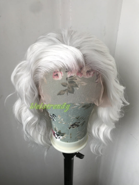 Pure White Wigs Beachy Wavy Short Bob Premium Synthetic Swiss Lace Front Wig Free Partting Heat Safe, Open weft