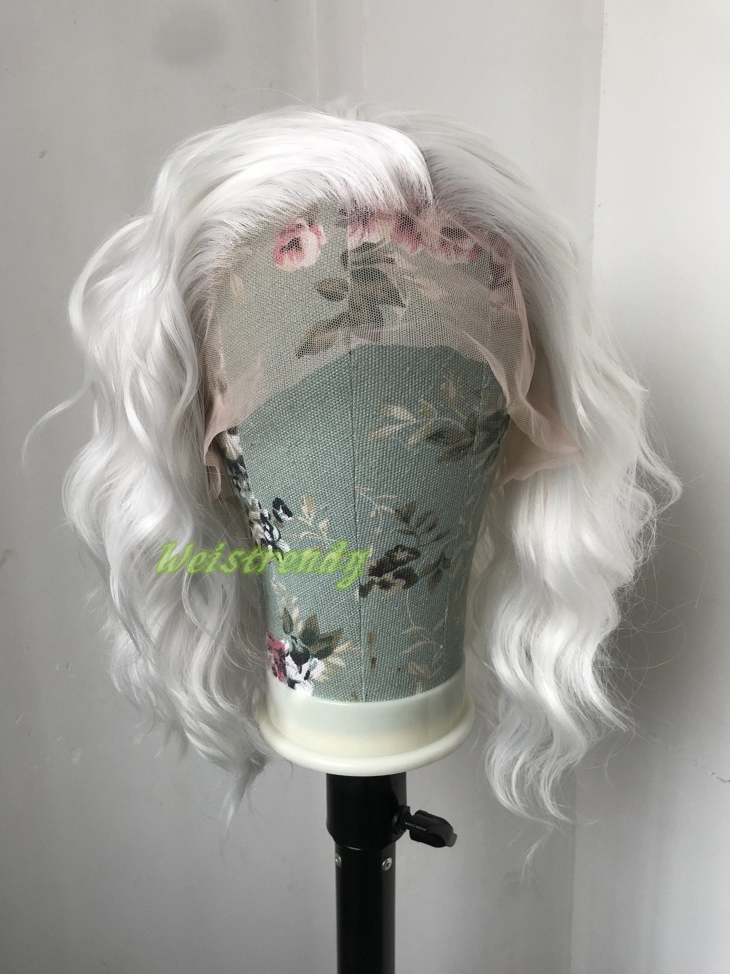 Pure White Wigs Beachy Wavy Short Bob Premium Synthetic Swiss Lace Front Wig Free Partting Heat Safe, Open weft