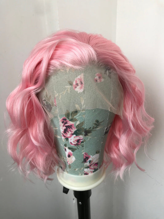 Ice Pink Wigs Beachy Wavy Short Bob Premium Synthetic Swiss Lace Front Wig Free Partting Heat Safe