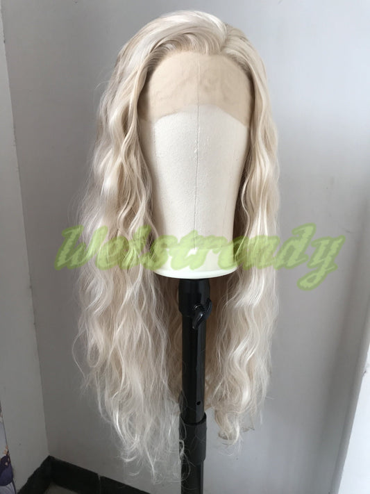 Mixed Platinum Blonde Peach Tone Blonde Long Loose Waves Hair Wig Premium Synthetic Soft Swiss Lace Front Wig Free Parting