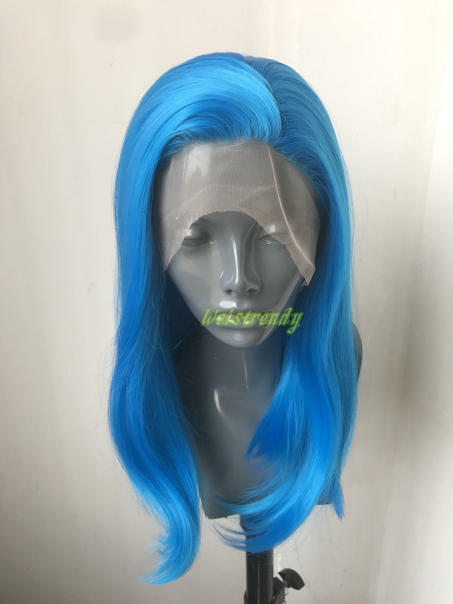 Bright Blue Short Straight BOB Hair Premium Synthetic Lace Frontal Wig with Natural Hairline