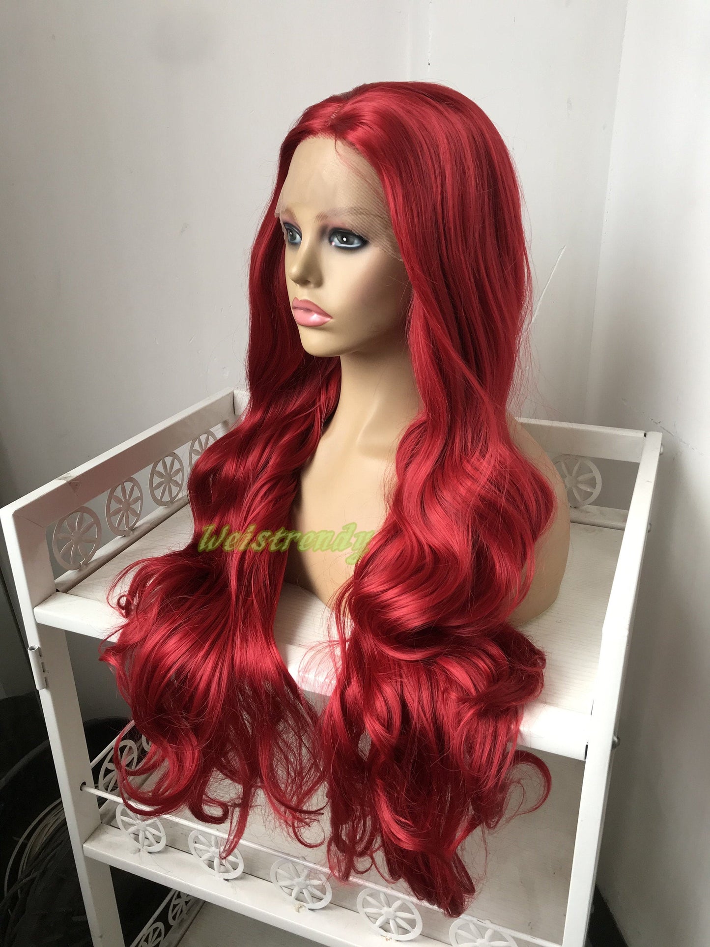 30in Cherry Red Long Curls Waves Wig Premium Synthetic Soft Swiss Lace Frontal Wigs Multi Part