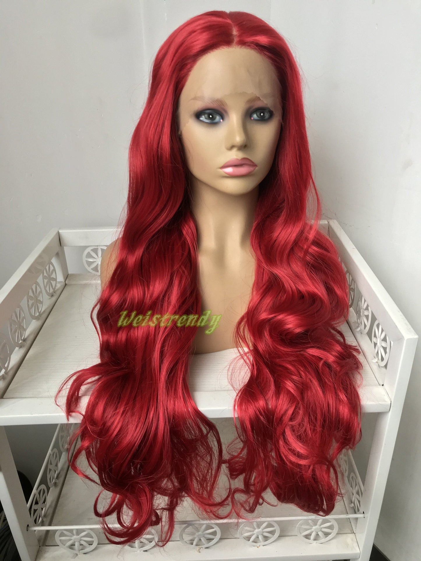 30in Cherry Red Long Curls Waves Wig Premium Synthetic Soft Swiss Lace Frontal Wigs Multi Part
