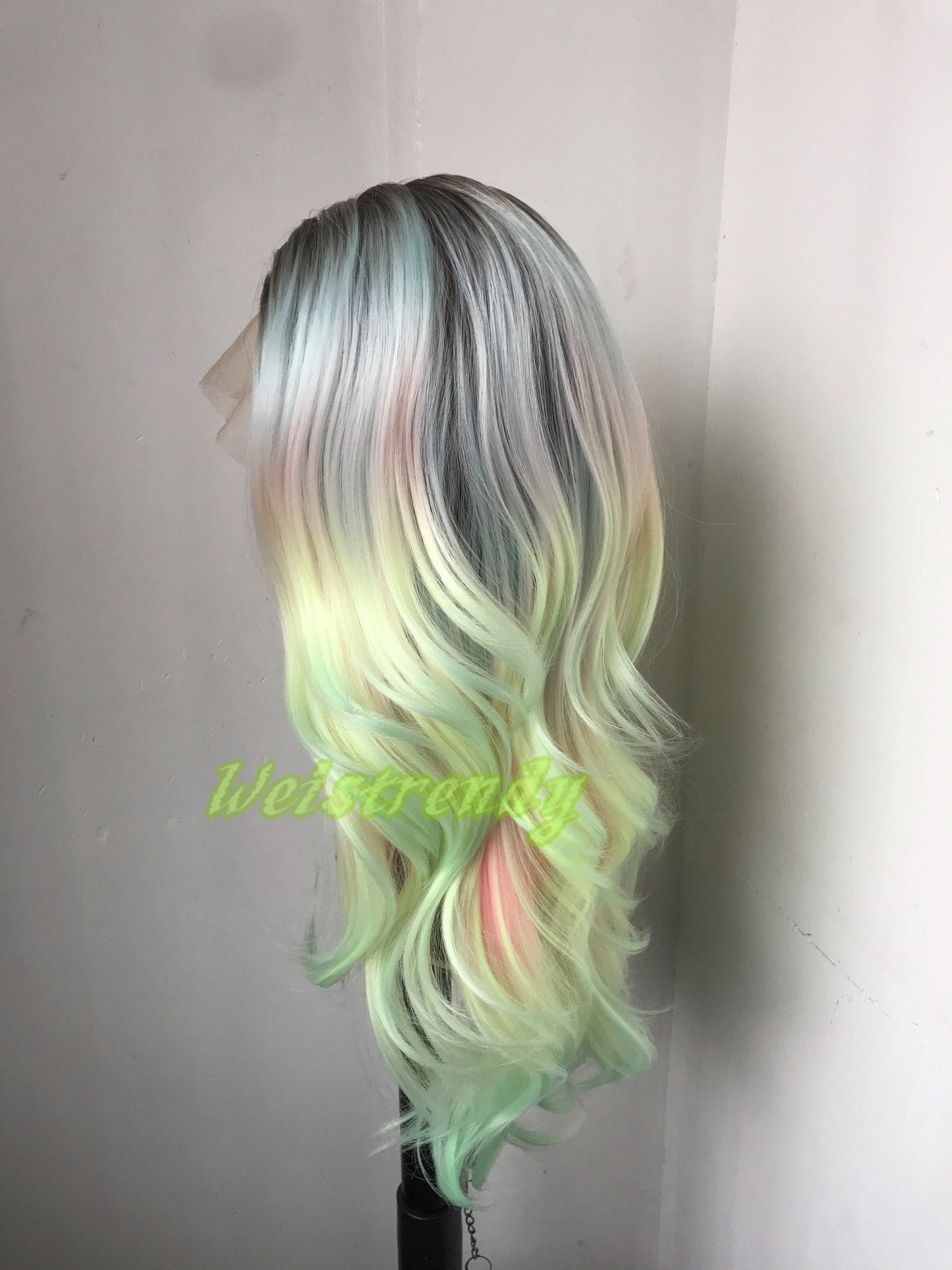 Rooted Pastel Green Rainbow Long Curls Wavy Hair Layered Centre Part Premium Synthetic Lace Wig