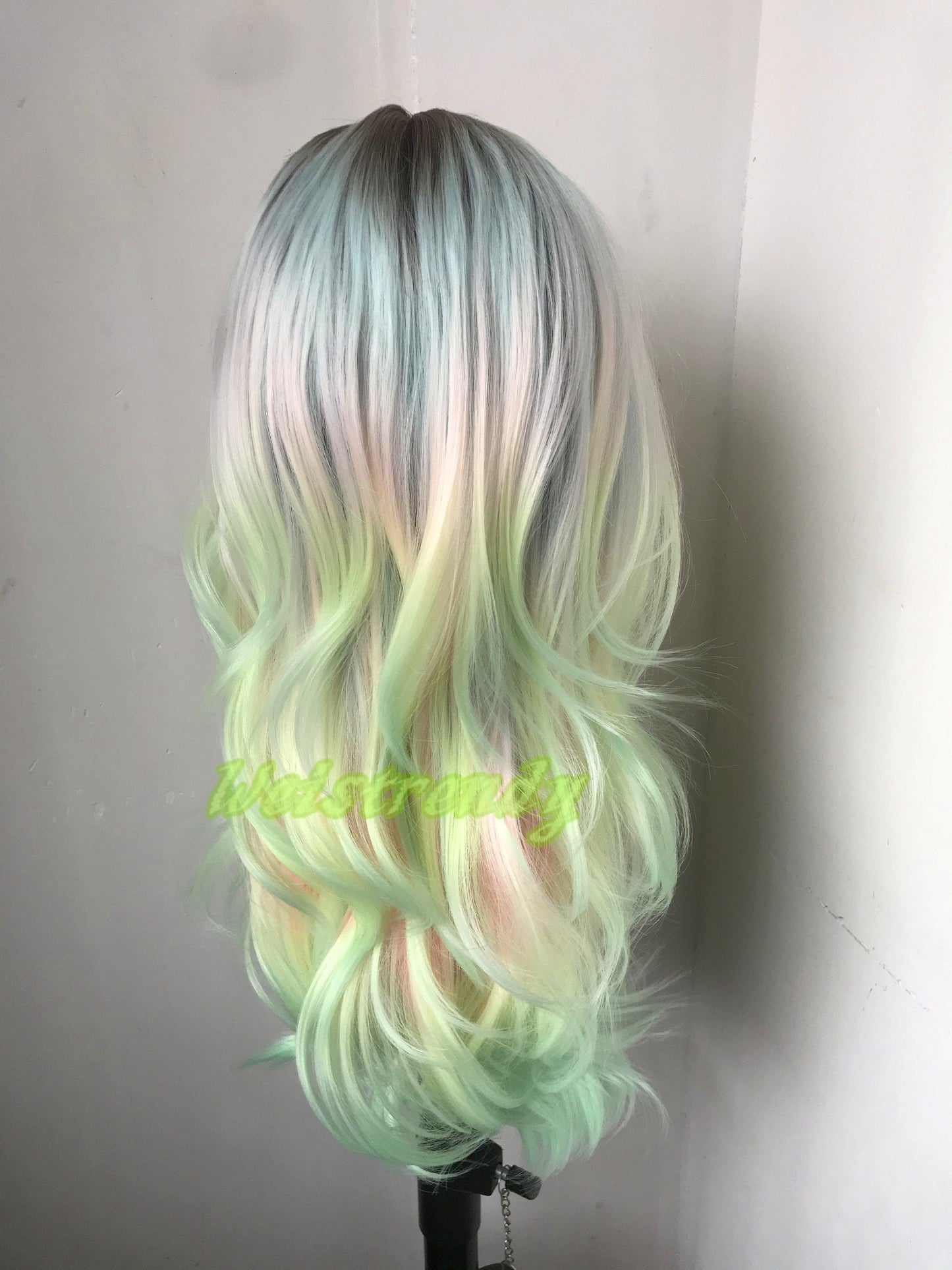 Rooted Pastel Green Rainbow Long Curls Wavy Hair Layered Centre Part Premium Synthetic Lace Wig