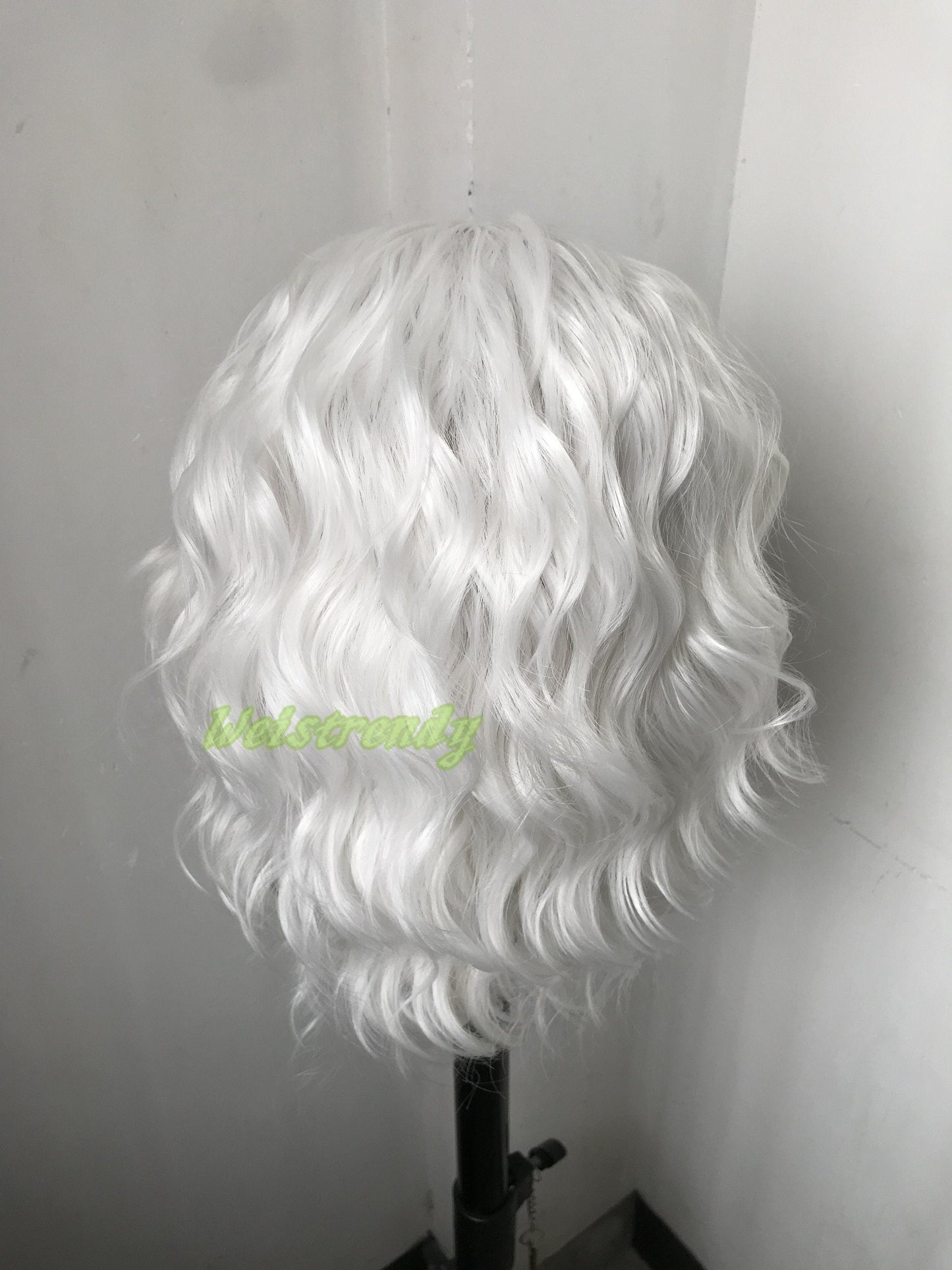 Pure White Wigs Beachy Wavy Short Bob Premium Synthetic Swiss Lace Front Wig Free Partting Heat Safe, Open weft