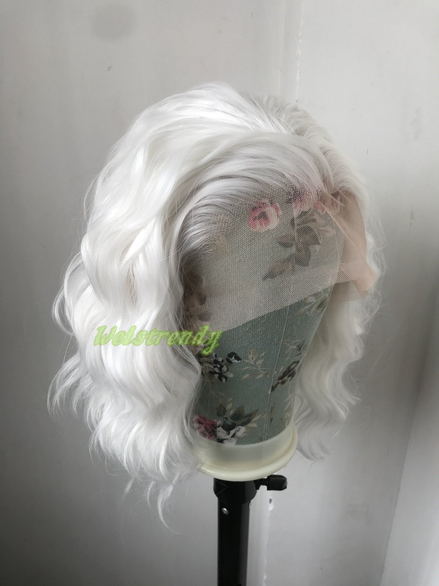 Pure White Wigs Beachy Wavy Short Bob Premium Synthetic Swiss Lace Front Wig Free Partting Heat Safe, Open weft