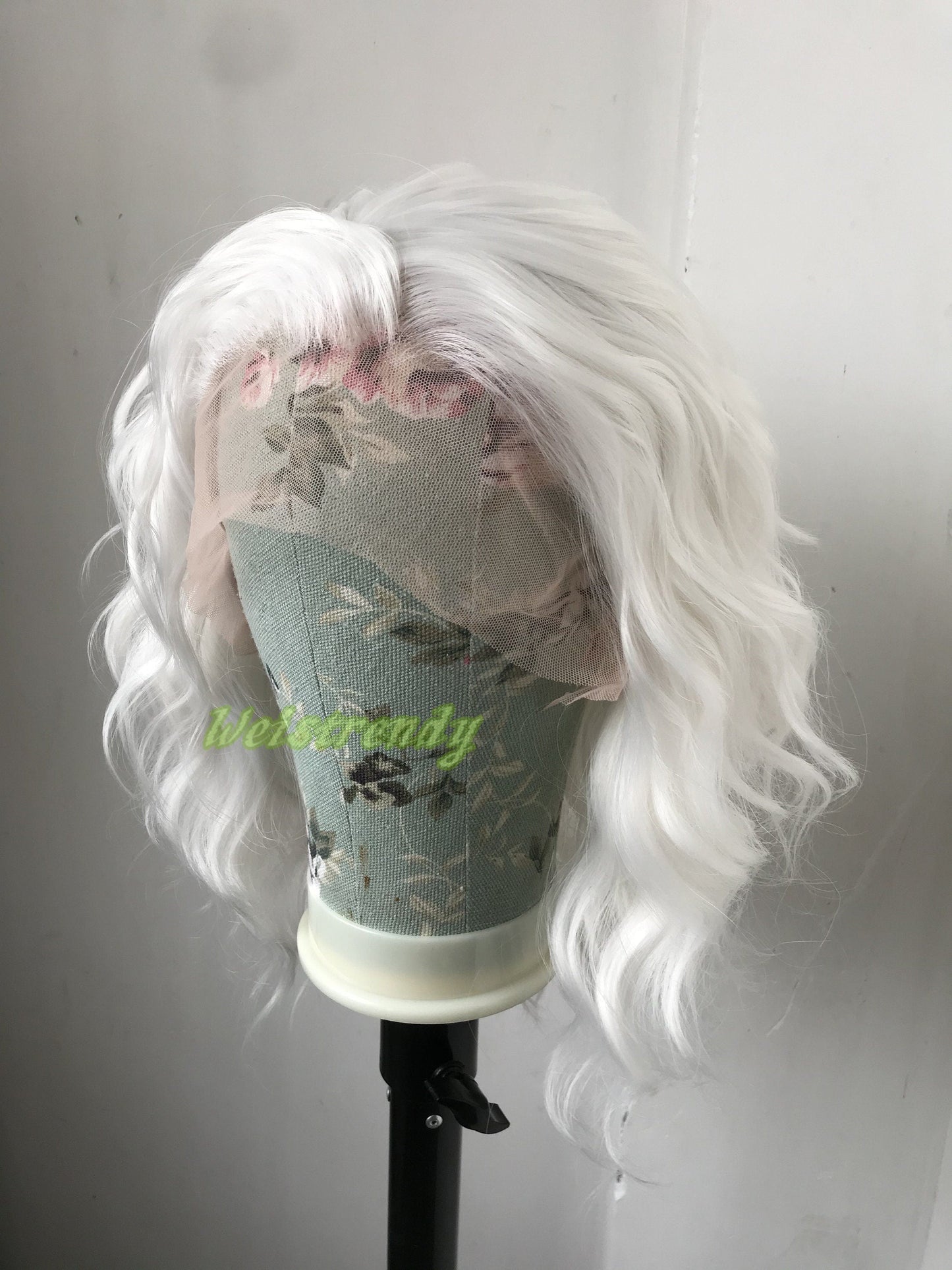 Pure White Wigs Beachy Wavy Short Bob Premium Synthetic Swiss Lace Front Wig Free Partting Heat Safe, Open weft