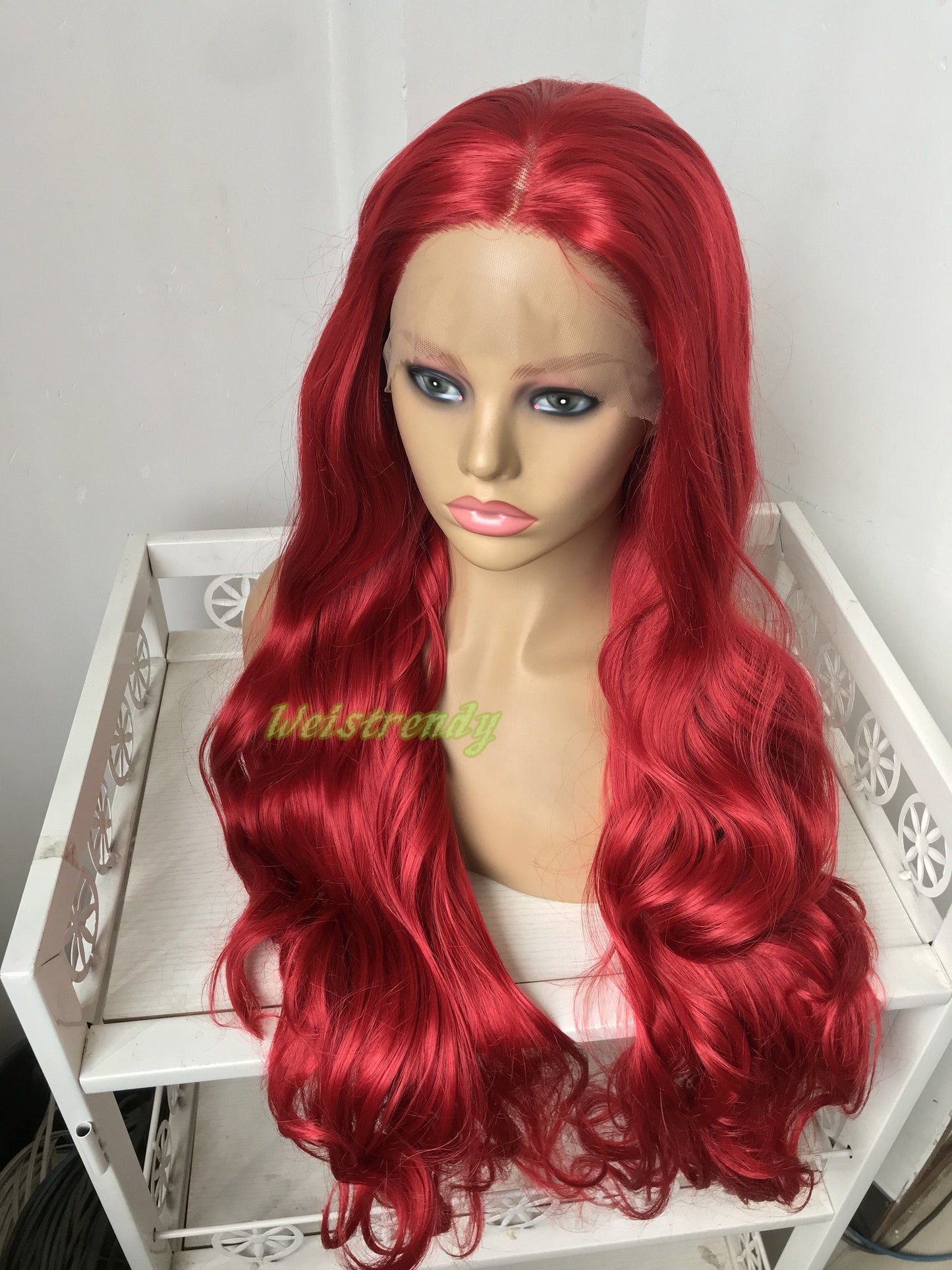 30in Cherry Red Long Curls Waves Wig Premium Synthetic Soft Swiss Lace Frontal Wigs Multi Part