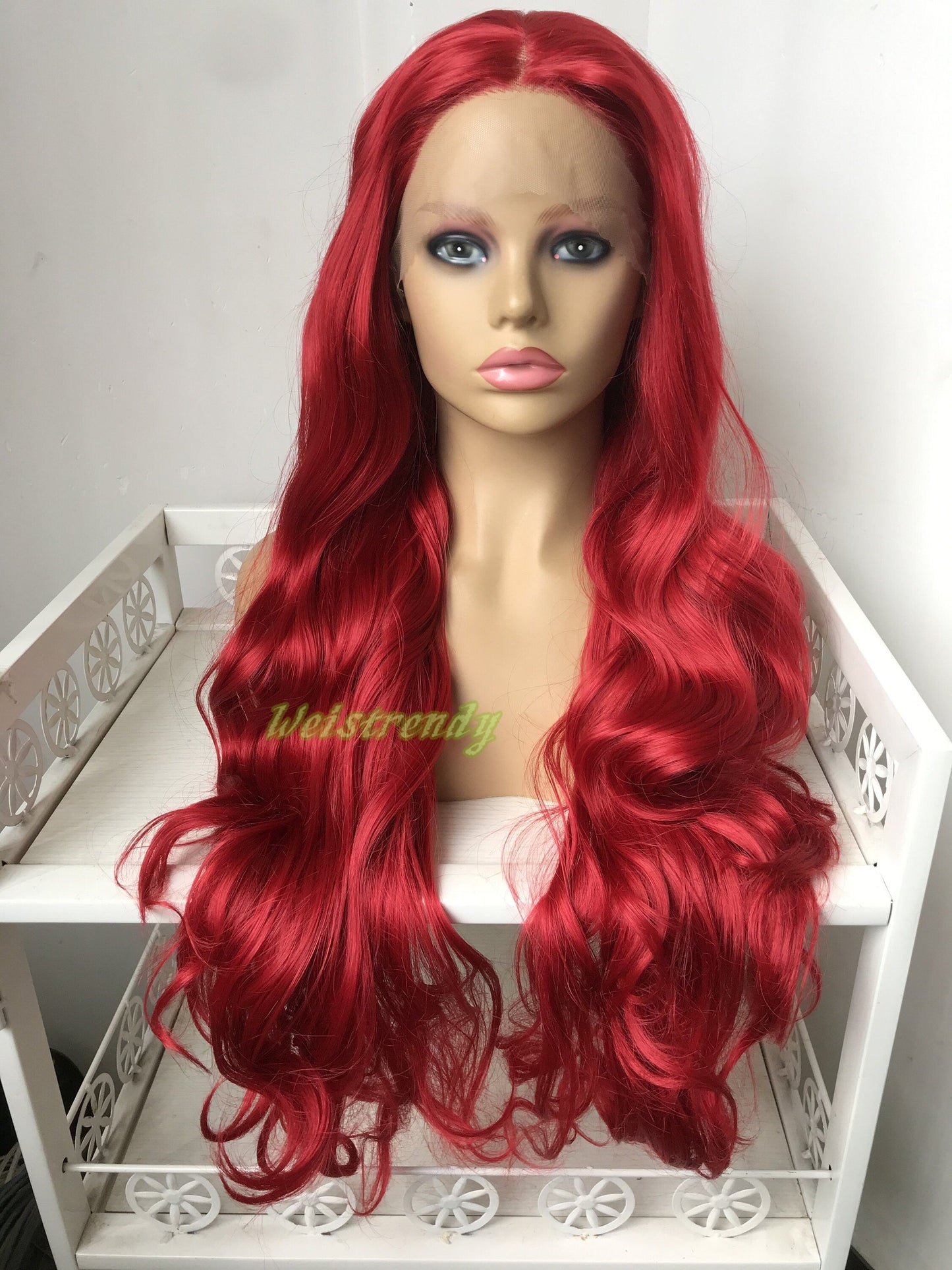 30in Cherry Red Long Curls Waves Wig Premium Synthetic Soft Swiss Lace Frontal Wigs Multi Part