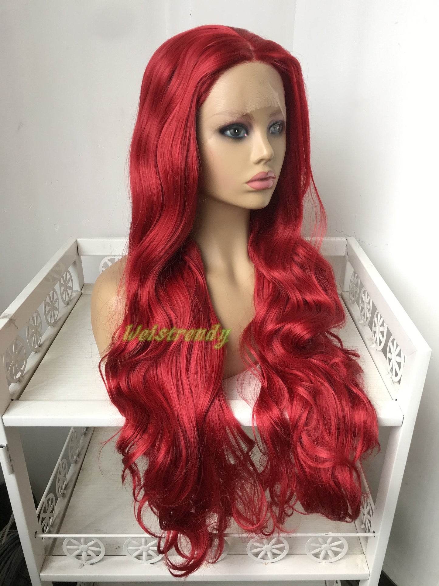 30in Cherry Red Long Curls Waves Wig Premium Synthetic Soft Swiss Lace Frontal Wigs Multi Part