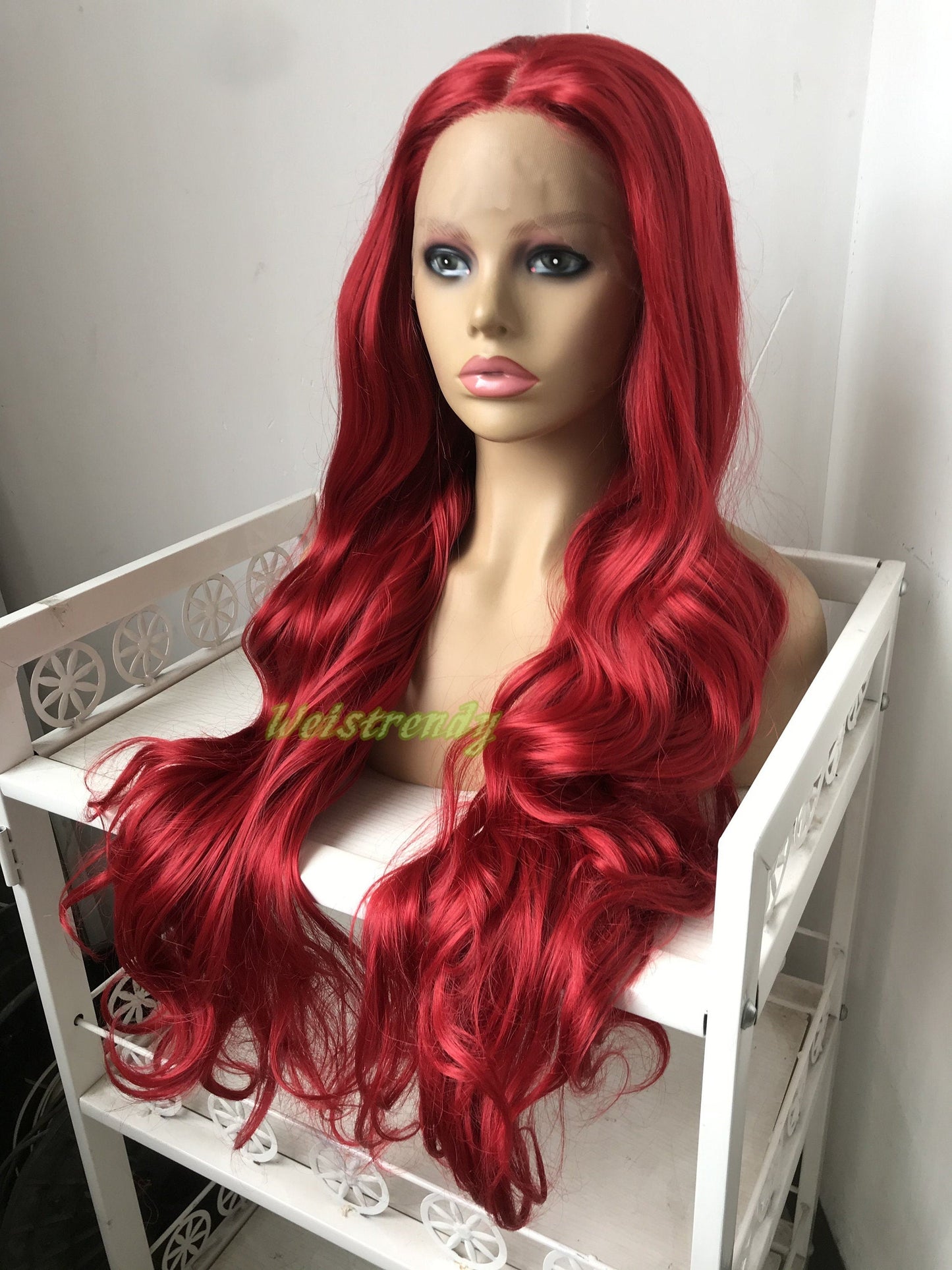 30in Cherry Red Long Curls Waves Wig Premium Synthetic Soft Swiss Lace Frontal Wigs Multi Part