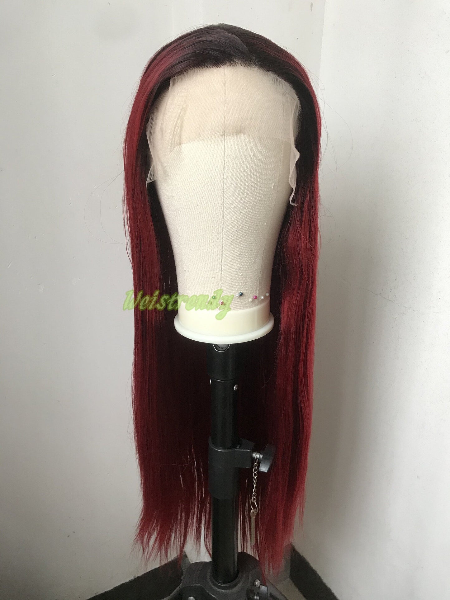Ombré Dark Red Long Straight Hair with Black Roots Premium Synthetic Soft Swiss Lace Frontal Wig Multi Parting