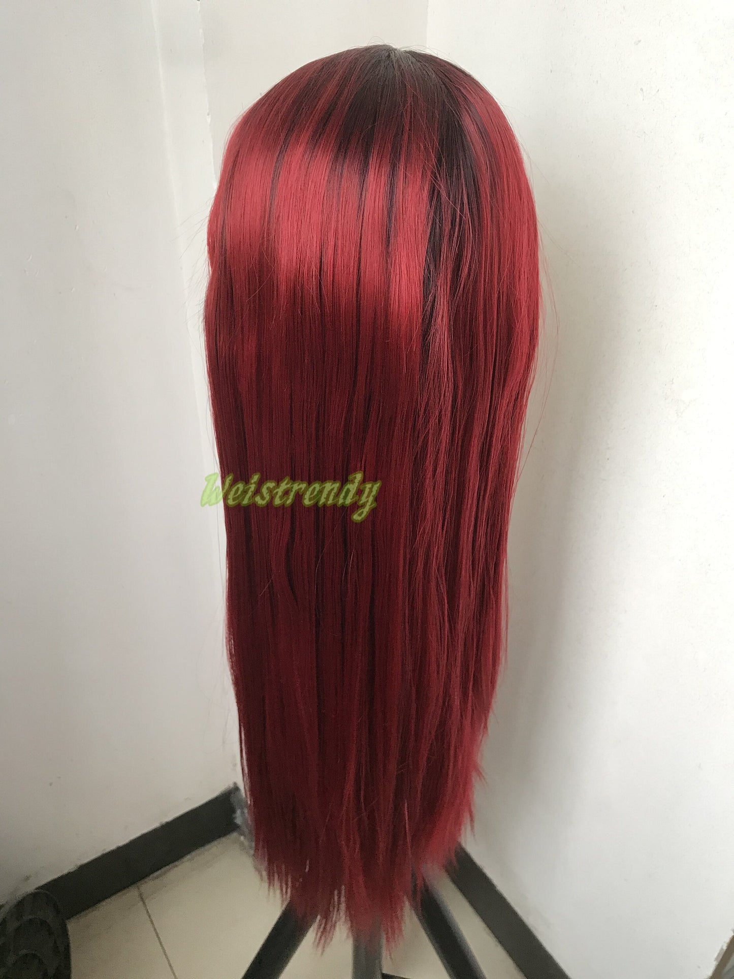 Ombré Dark Red Long Straight Hair with Black Roots Premium Synthetic Soft Swiss Lace Frontal Wig Multi Parting