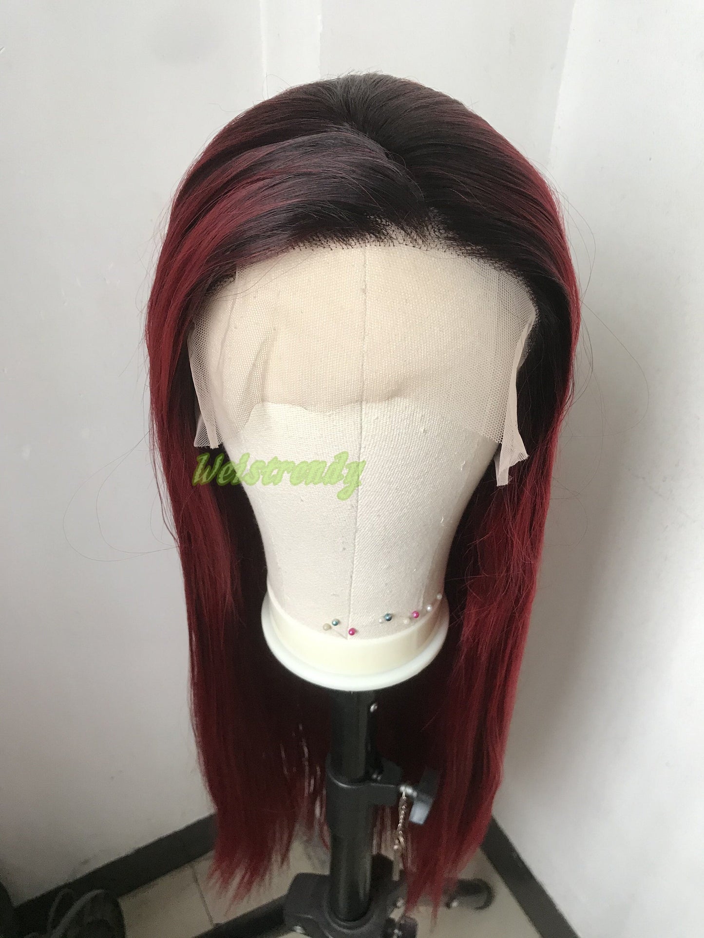 Ombré Dark Red Long Straight Hair with Black Roots Premium Synthetic Soft Swiss Lace Frontal Wig Multi Parting