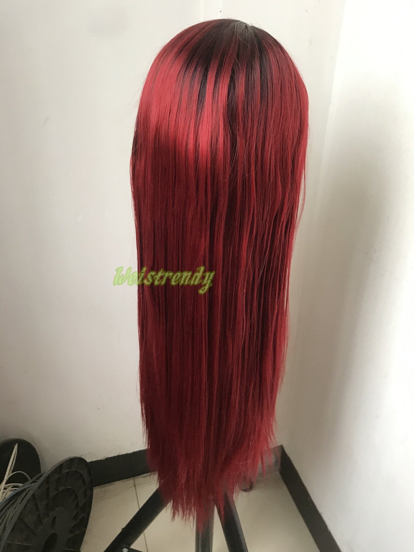 Ombré Dark Red Long Straight Hair with Black Roots Premium Synthetic Soft Swiss Lace Frontal Wig Multi Parting
