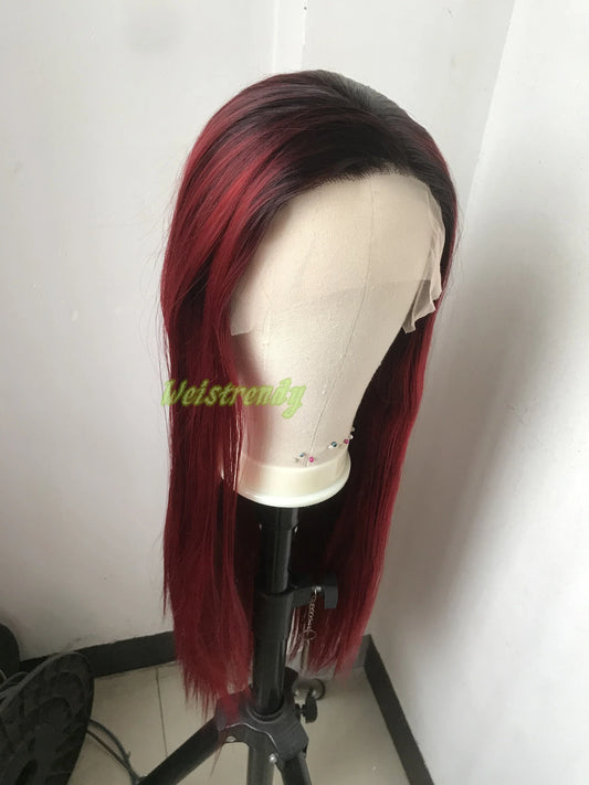 Ombré Dark Red Long Straight Hair with Black Roots Premium Synthetic Soft Swiss Lace Frontal Wig Multi Parting