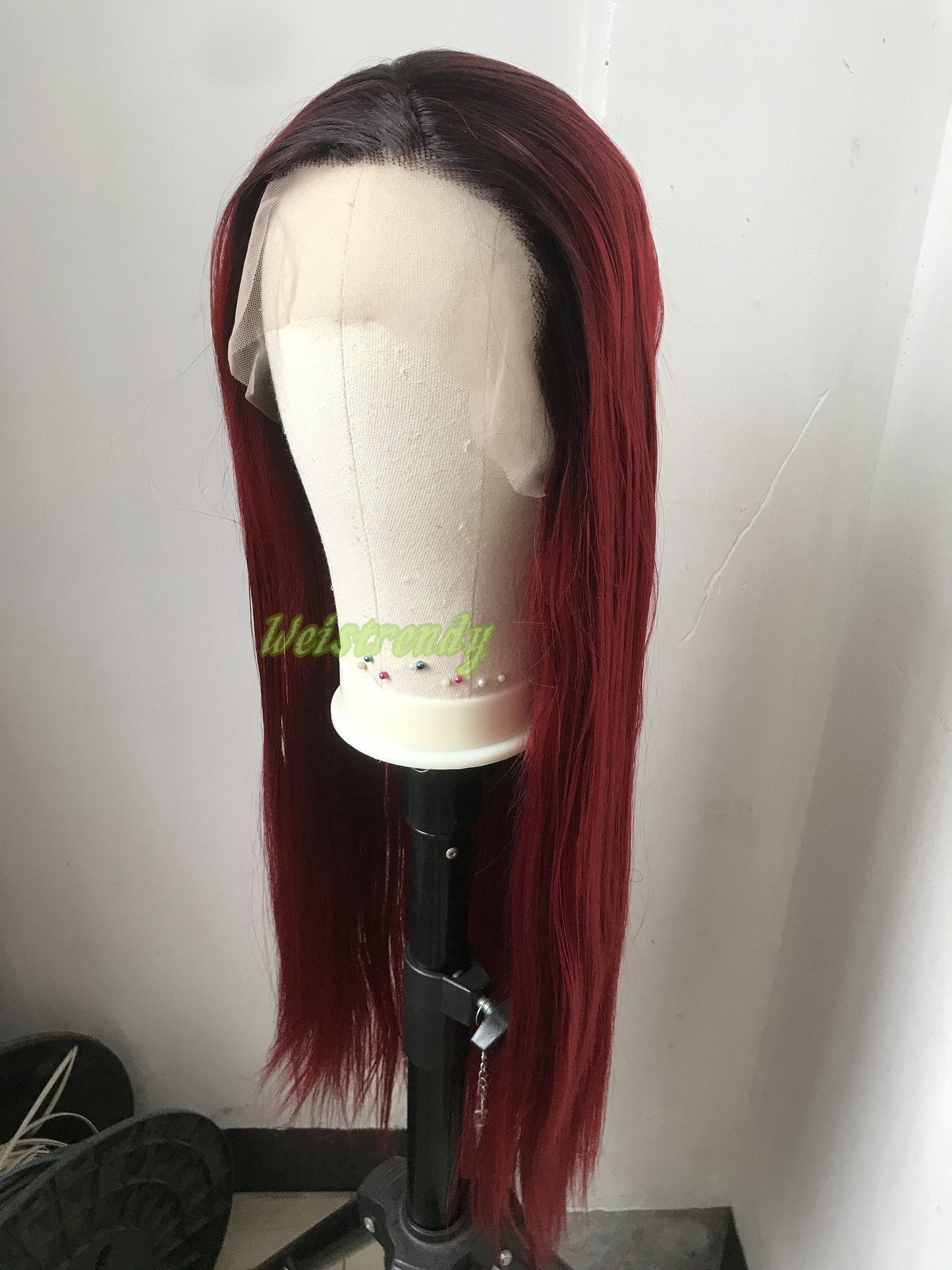 Ombré Dark Red Long Straight Hair with Black Roots Premium Synthetic Soft Swiss Lace Frontal Wig Multi Parting