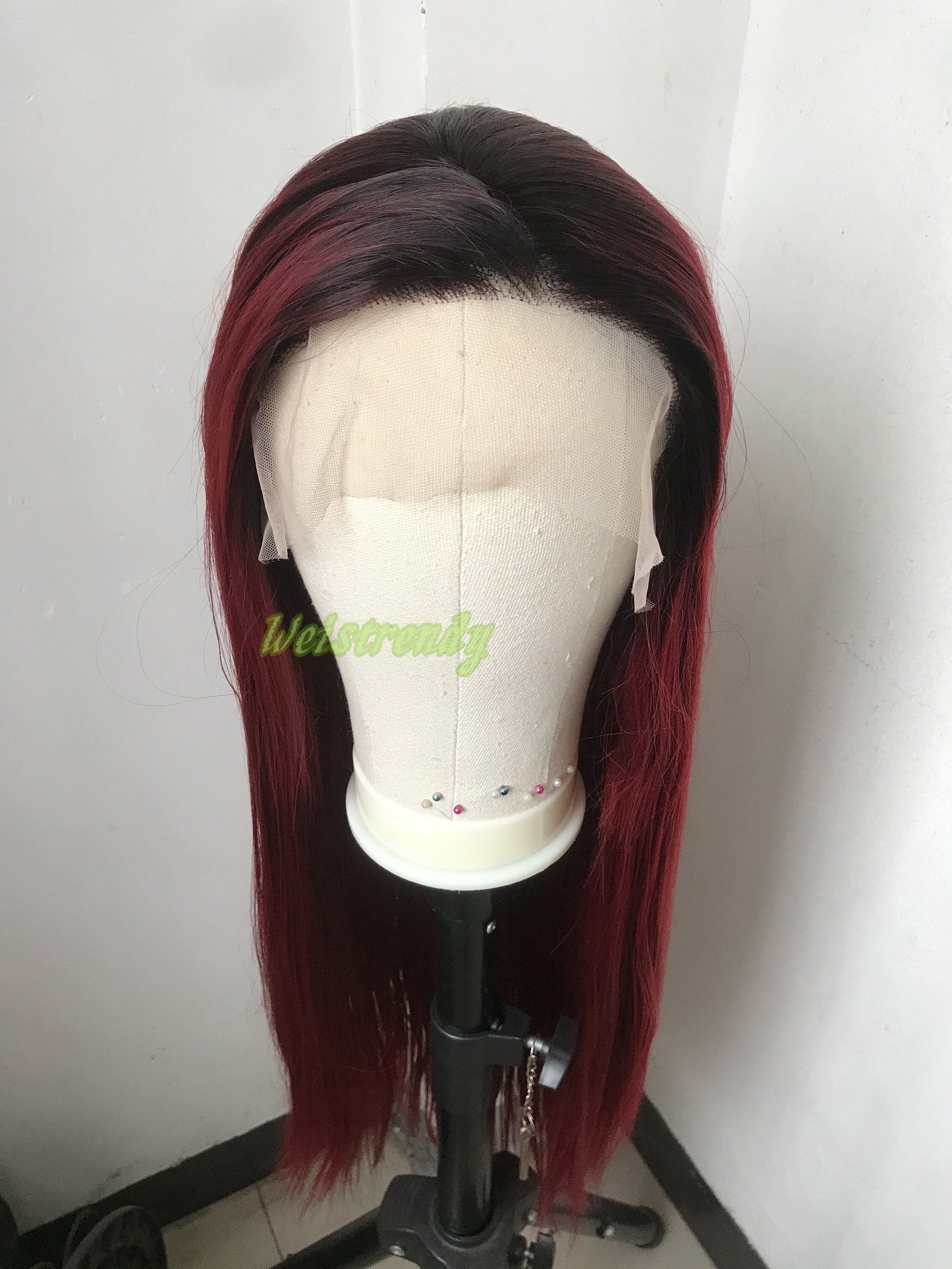Ombré Dark Red Long Straight Hair with Black Roots Premium Synthetic Soft Swiss Lace Frontal Wig Multi Parting