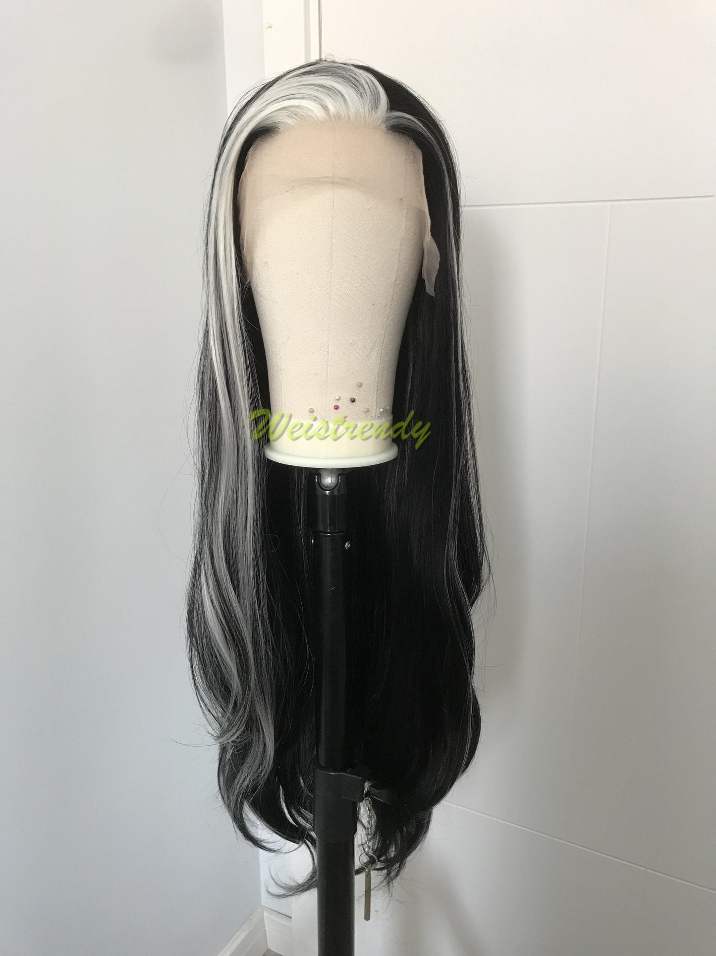 Silver Fronted Black Wig Jet Black with Pale Silver front edge Long Straight Hair Wigs Soft Swiss Lace Front Synthetic Wig Heat Safe