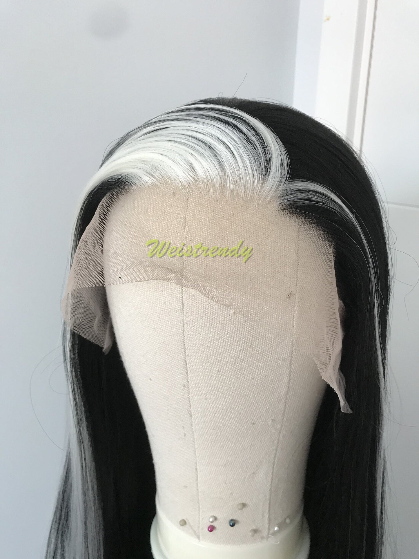 Silver Fronted Black Wig Jet Black with Pale Silver front edge Long Straight Hair Wigs Soft Swiss Lace Front Synthetic Wig Heat Safe