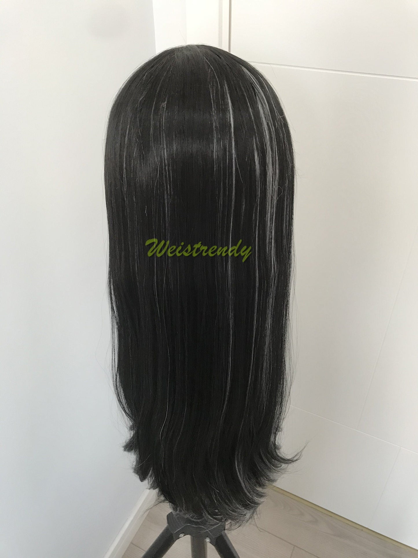 Silver Fronted Black Wig Jet Black with Pale Silver front edge Long Straight Hair Wigs Soft Swiss Lace Front Synthetic Wig Heat Safe