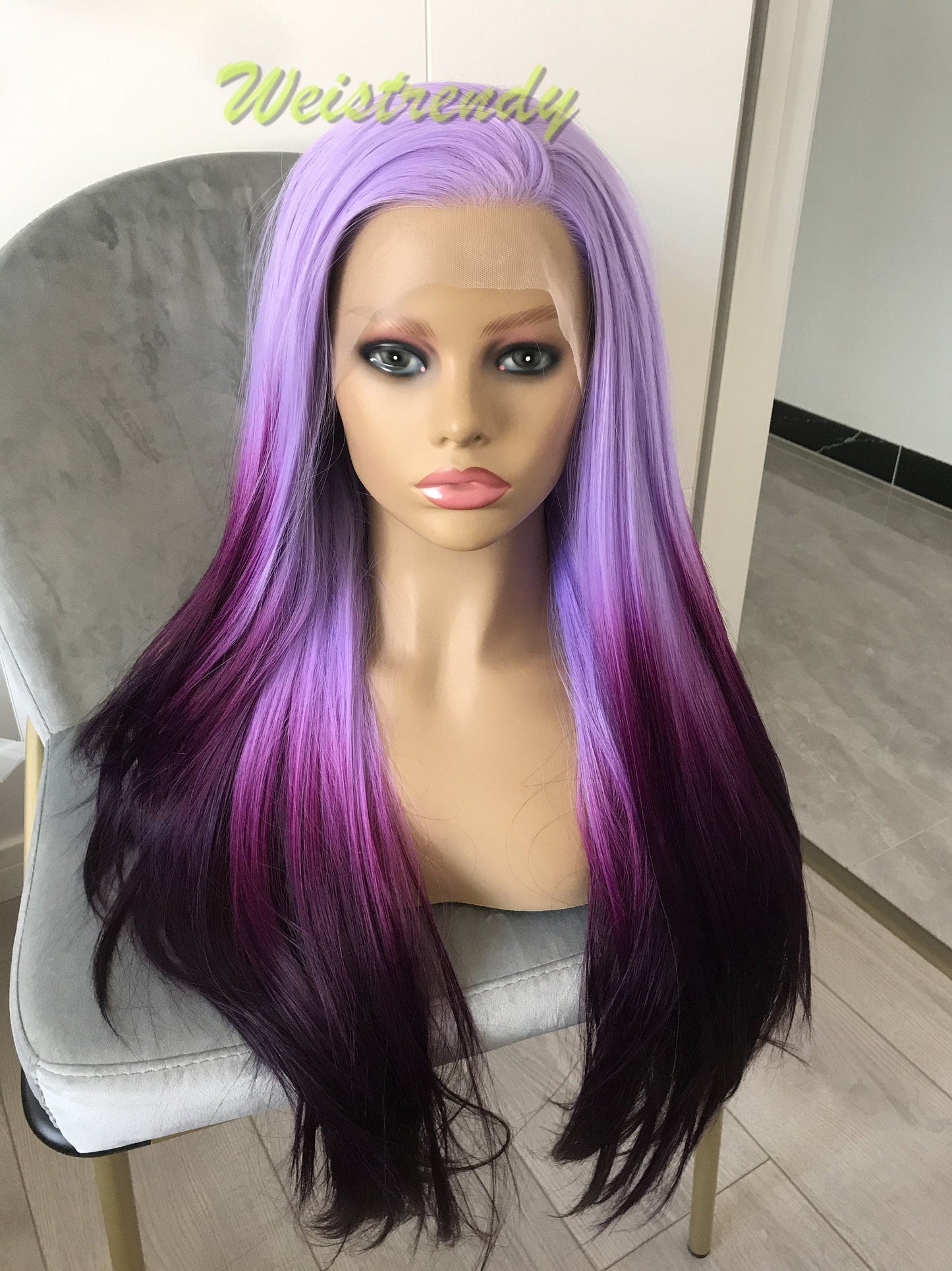 Inspired by Morning Glory Lilac into Dark purple Ombre Wigs Long Straight hairstyle wigs Synthetic Swiss Lace frontal Wigs Heat Safe