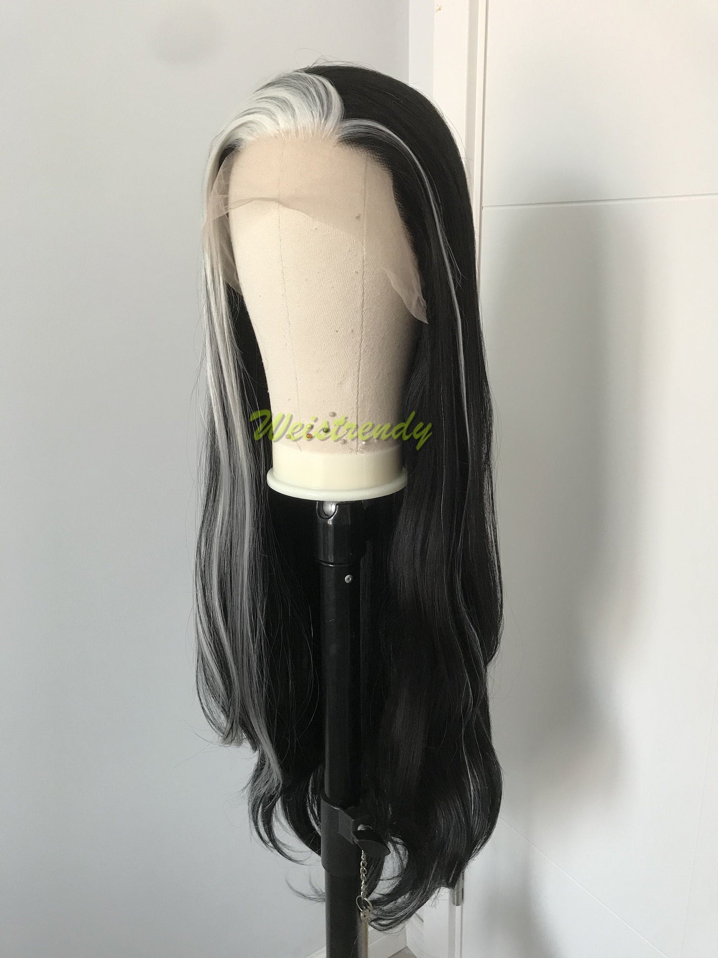 Silver Fronted Black Wig Jet Black with Pale Silver front edge Long Straight Hair Wigs Soft Swiss Lace Front Synthetic Wig Heat Safe