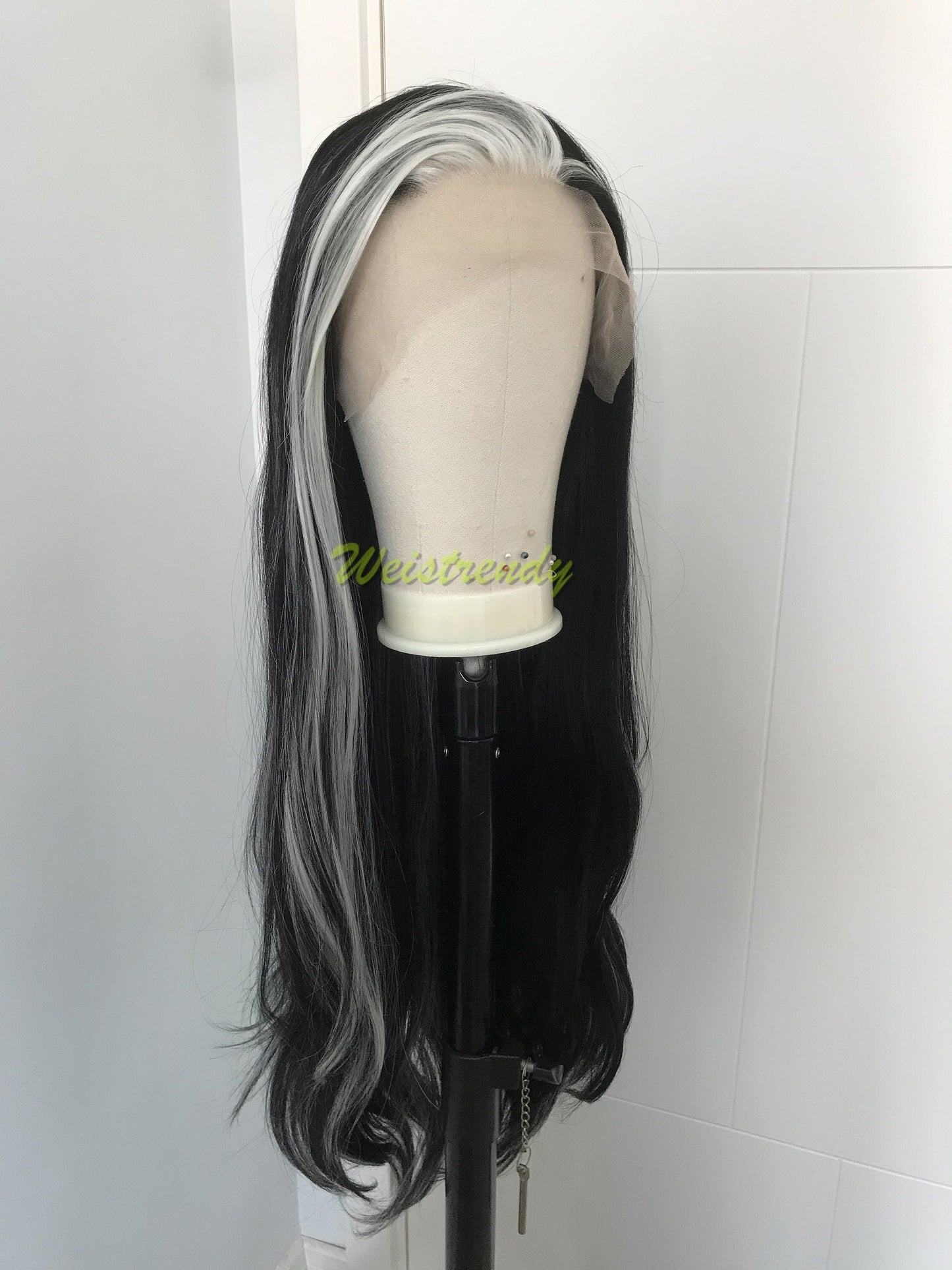 Silver Fronted Black Wig Jet Black with Pale Silver front edge Long Straight Hair Wigs Soft Swiss Lace Front Synthetic Wig Heat Safe