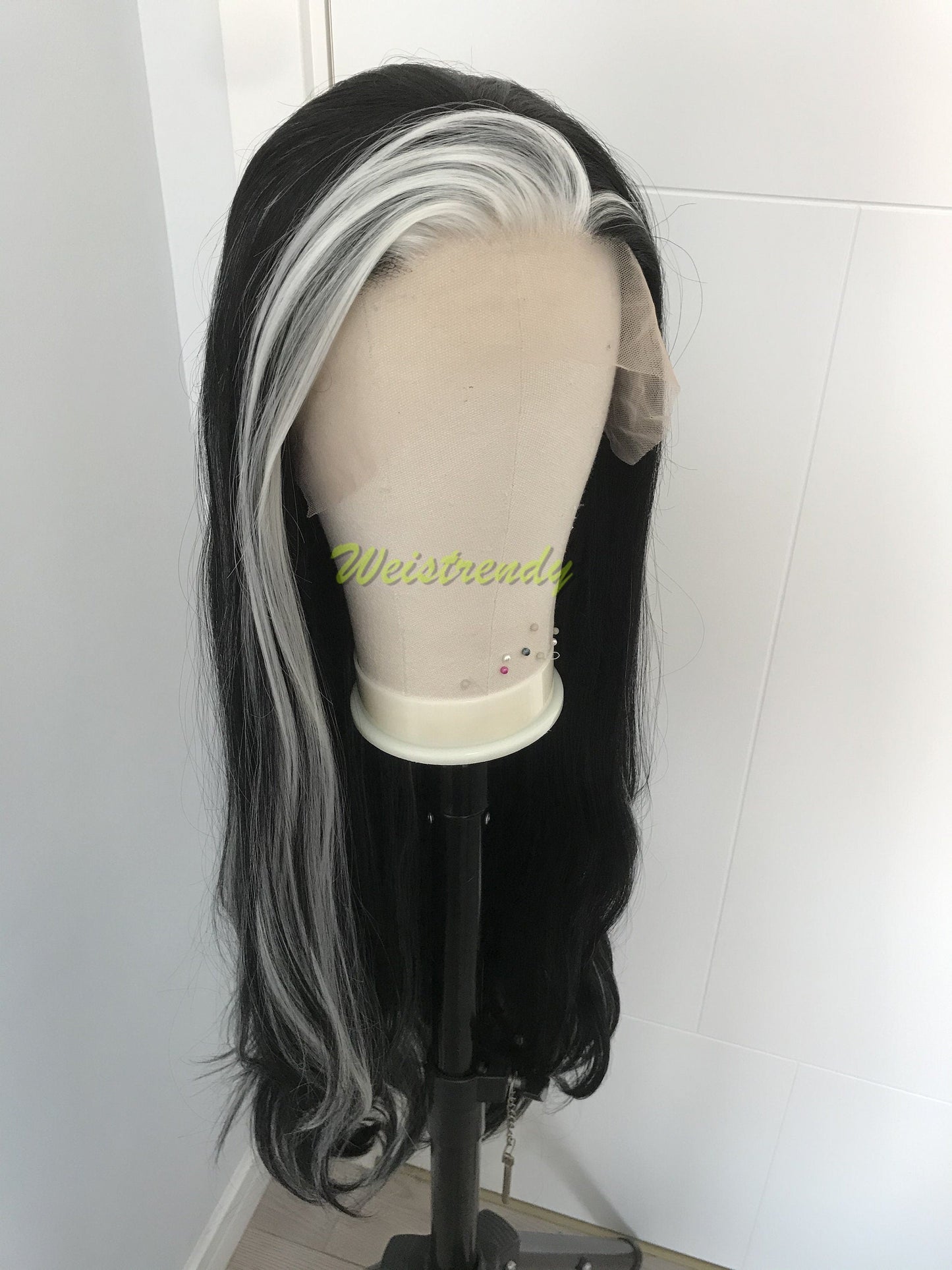 Silver Fronted Black Wig Jet Black with Pale Silver front edge Long Straight Hair Wigs Soft Swiss Lace Front Synthetic Wig Heat Safe