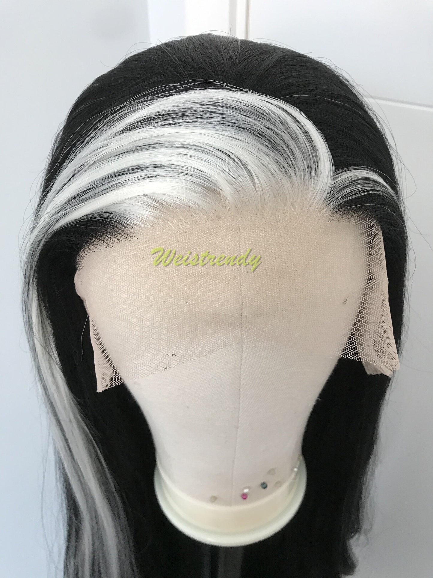 Silver Fronted Black Wig Jet Black with Pale Silver front edge Long Straight Hair Wigs Soft Swiss Lace Front Synthetic Wig Heat Safe