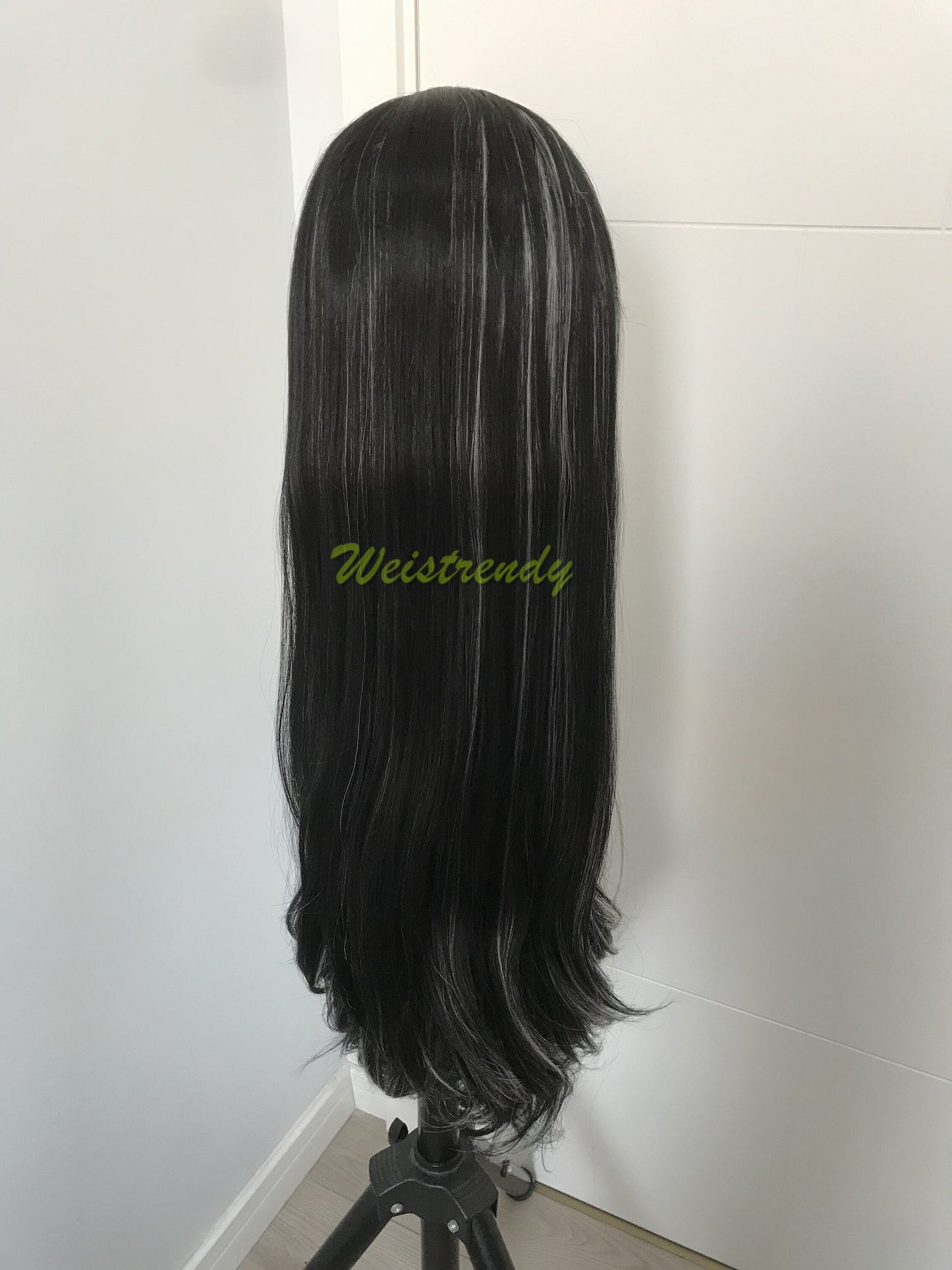Silver Fronted Black Wig Jet Black with Pale Silver front edge Long Straight Hair Wigs Soft Swiss Lace Front Synthetic Wig Heat Safe