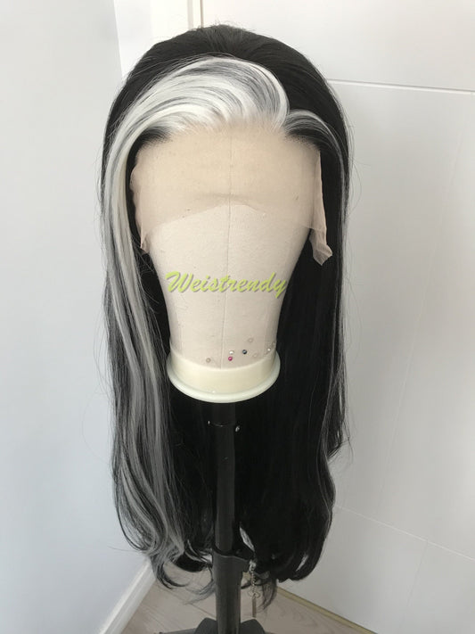 Silver Fronted Black Wig Jet Black with Pale Silver front edge Long Straight Hair Wigs Soft Swiss Lace Front Synthetic Wig Heat Safe