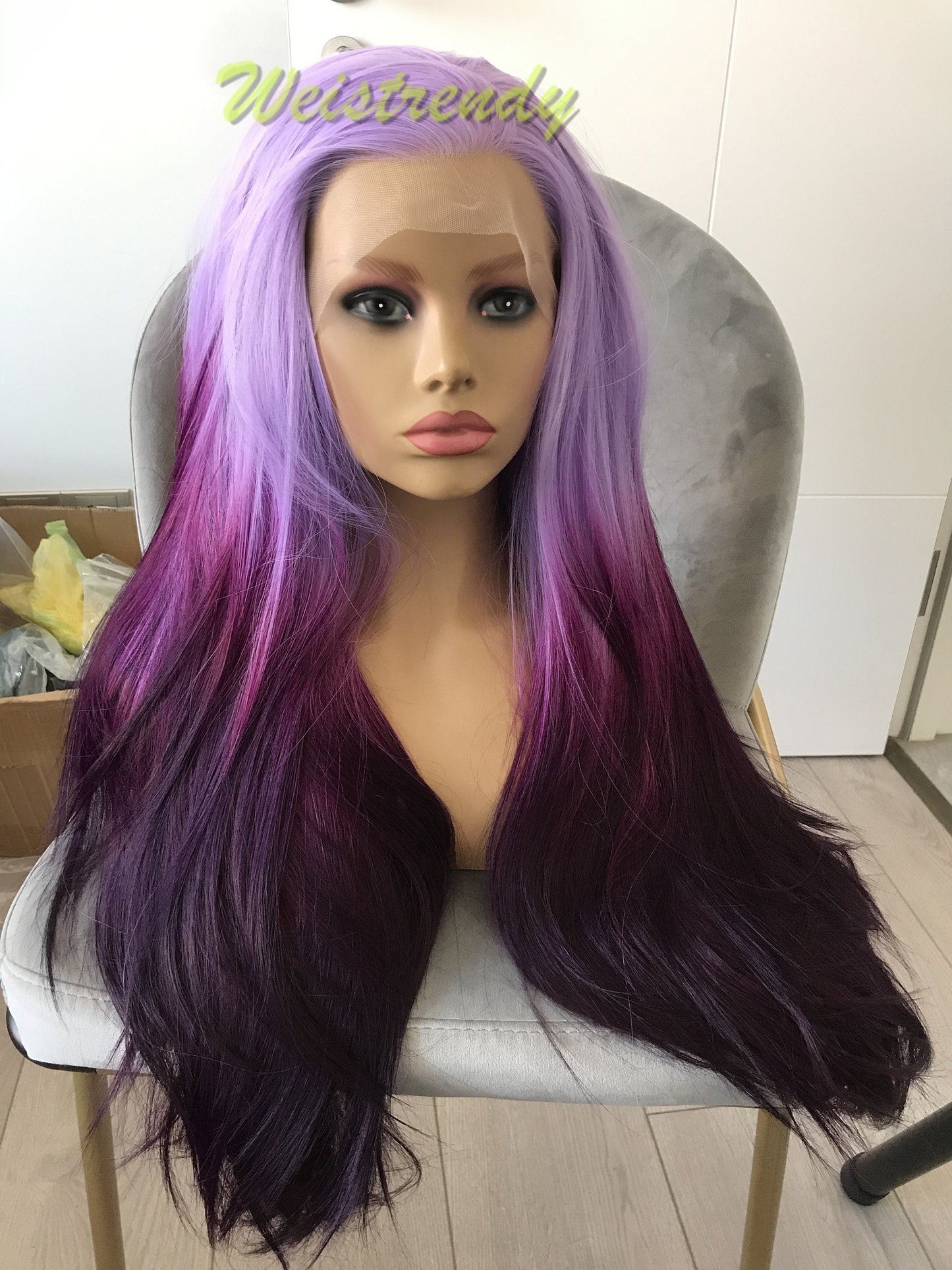 Inspired by Morning Glory Lilac into Dark purple Ombre Wigs Long Straight hairstyle wigs Synthetic Swiss Lace frontal Wigs Heat Safe