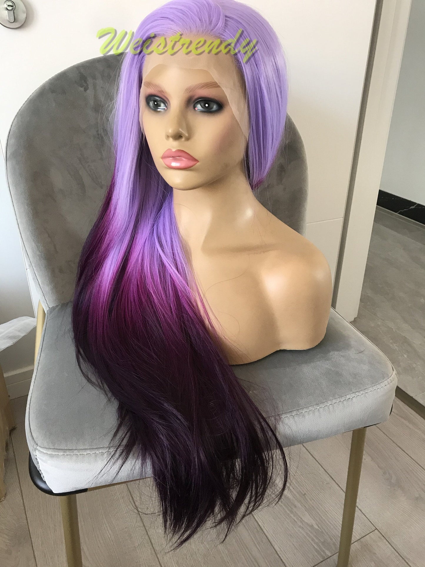 Inspired by Morning Glory Lilac into Dark purple Ombre Wigs Long Straight hairstyle wigs Synthetic Swiss Lace frontal Wigs Heat Safe
