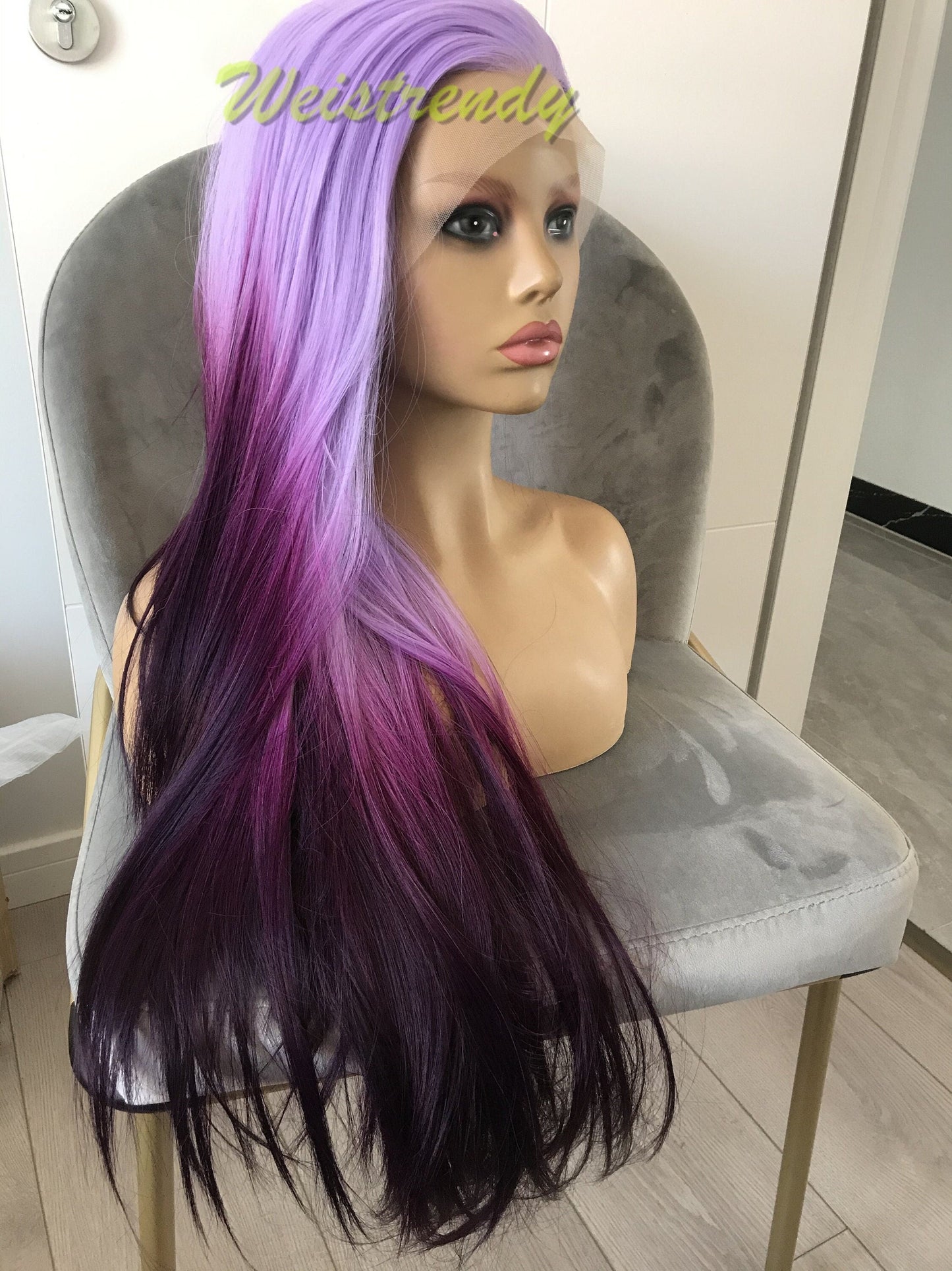 Inspired by Morning Glory Lilac into Dark purple Ombre Wigs Long Straight hairstyle wigs Synthetic Swiss Lace frontal Wigs Heat Safe