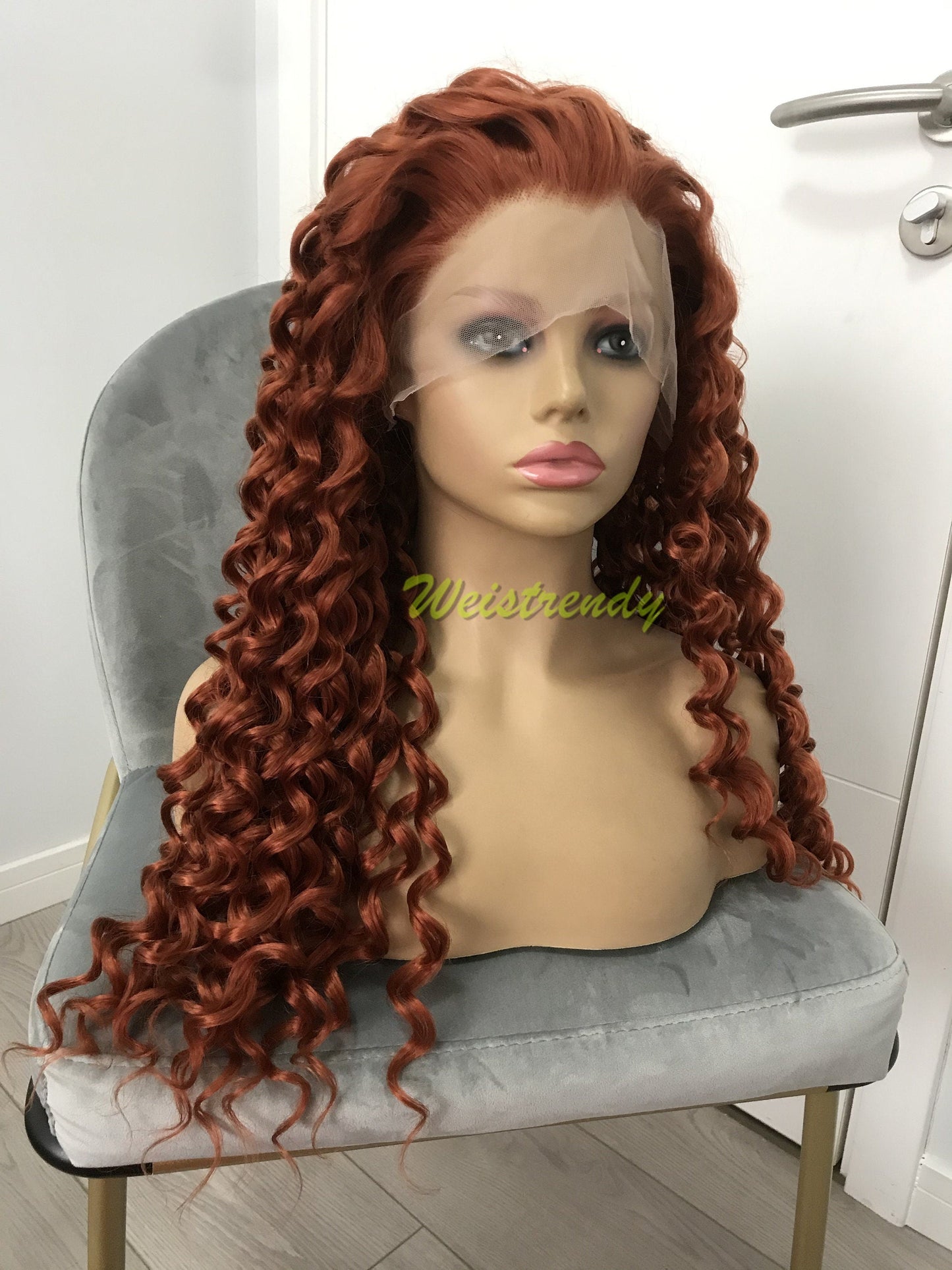 Ginger / Copper Red Long Ring Curls Wigs Premium Synthetic Fibre Heat Safe Glueless Lace Frontal Wig