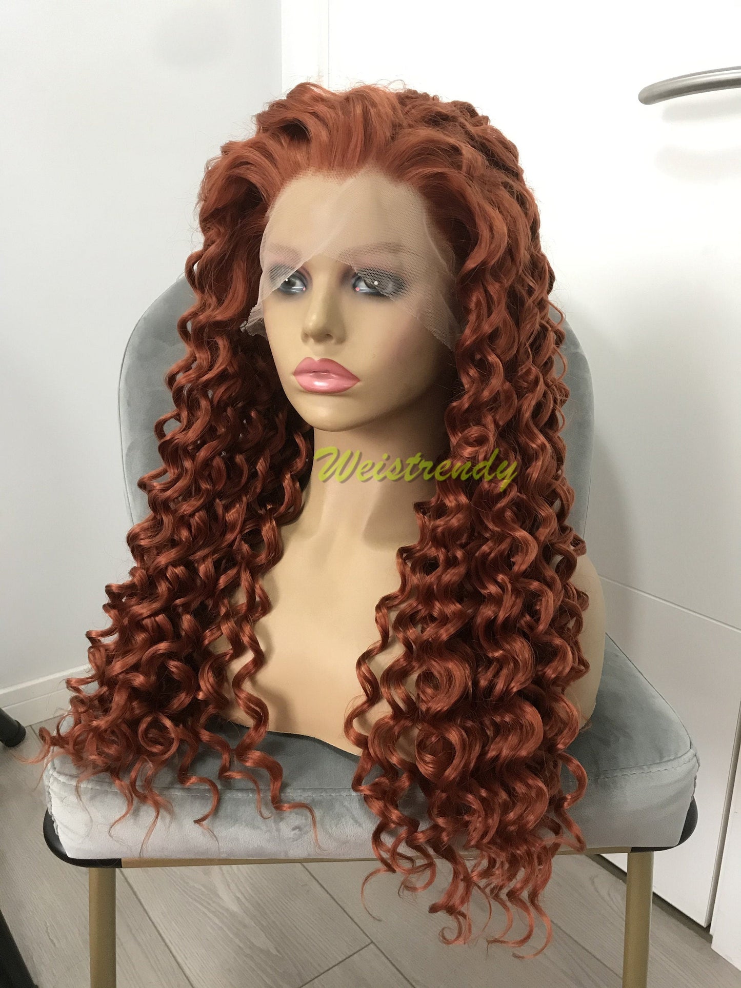 Ginger / Copper Red Long Ring Curls Wigs Premium Synthetic Fibre Heat Safe Glueless Lace Frontal Wig