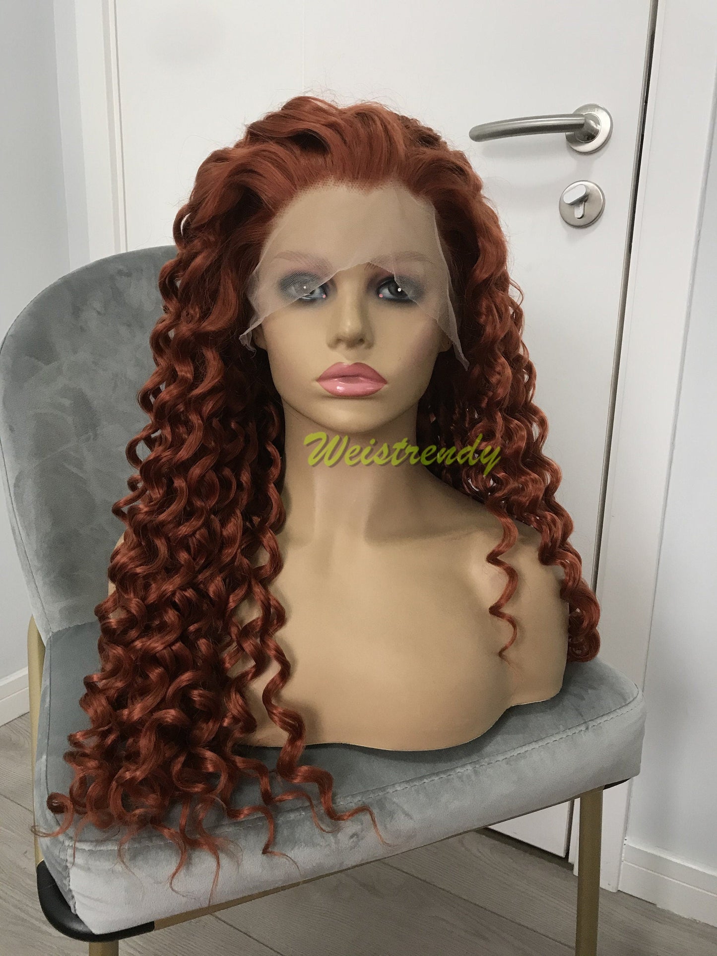 Ginger / Copper Red Long Ring Curls Wigs Premium Synthetic Fibre Heat Safe Glueless Lace Frontal Wig