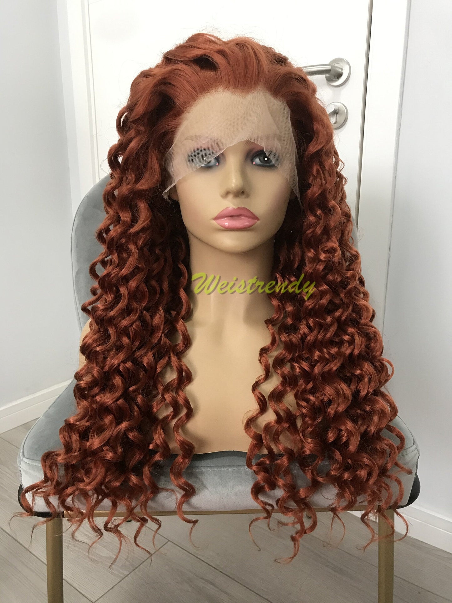 Ginger / Copper Red Long Ring Curls Wigs Premium Synthetic Fibre Heat Safe Glueless Lace Frontal Wig