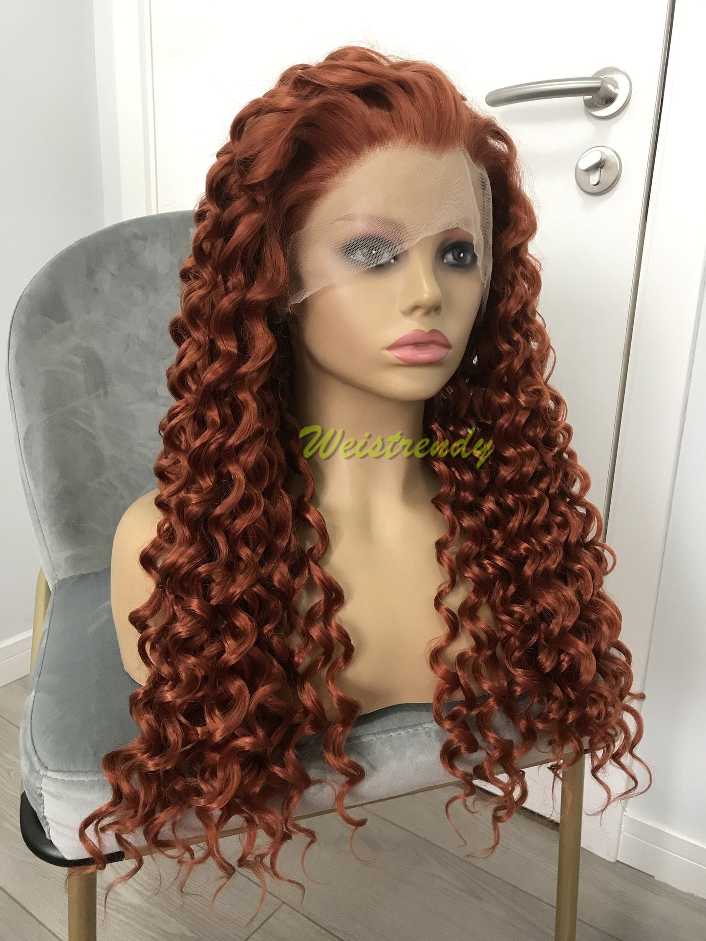 Ginger / Copper Red Long Ring Curls Wigs Premium Synthetic Fibre Heat Safe Glueless Lace Frontal Wig