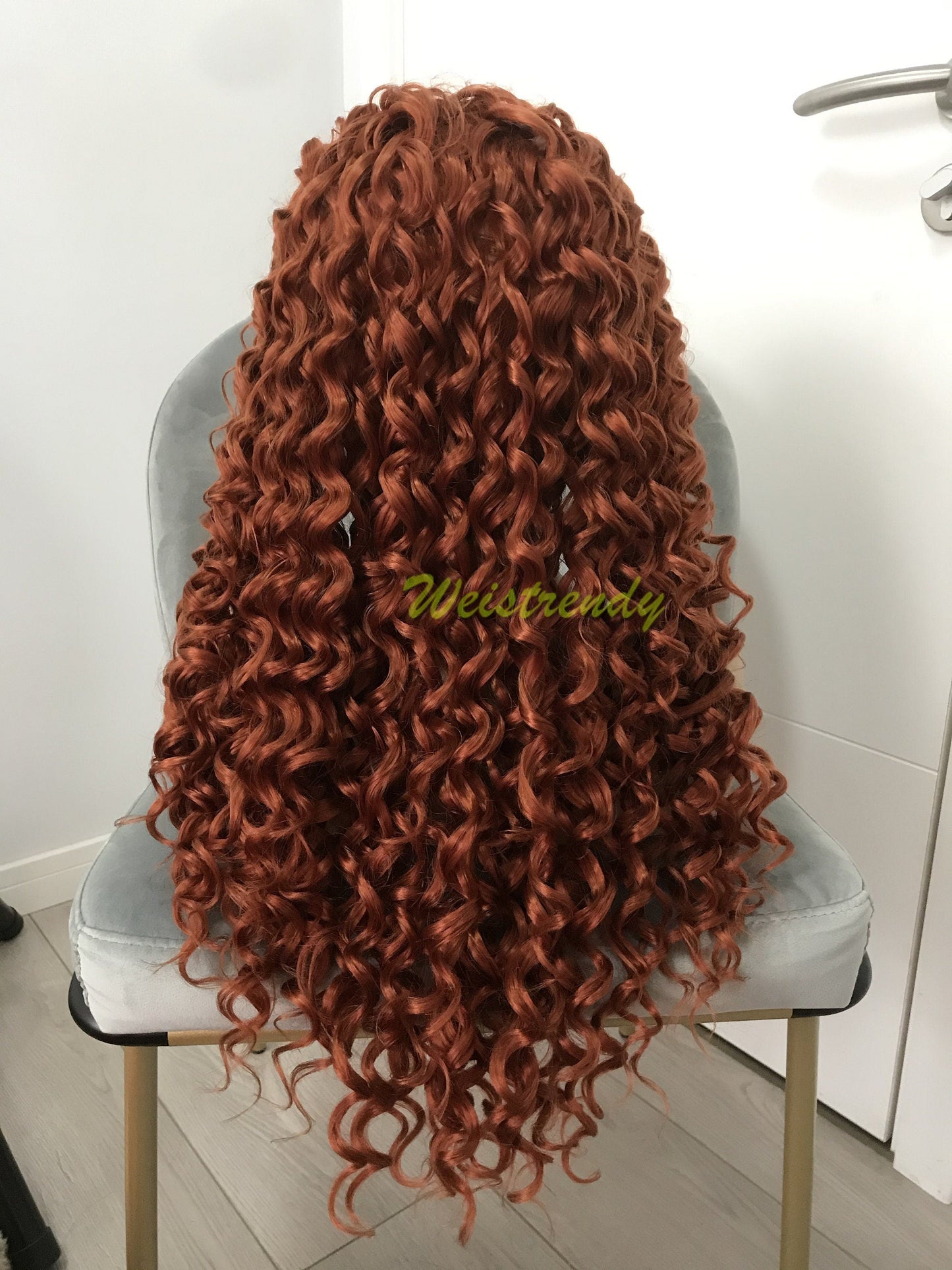 Ginger / Copper Red Long Ring Curls Wigs Premium Synthetic Fibre Heat Safe Glueless Lace Frontal Wig