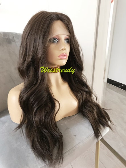Light Weight Dark Brown Loose Wavy Long Straight Layered Centre Part Premium Synthetic Soft Swiss Lace Wig 6" Deep Part