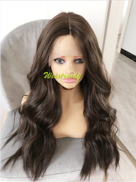 Light Weight Dark Brown Loose Wavy Long Straight Layered Centre Part Premium Synthetic Soft Swiss Lace Wig 6" Deep Part